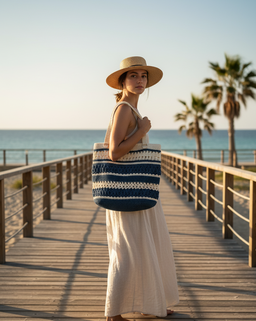 Astarlı ve Fermuarlı El Yapımı Omuz Çantası - Mavi Beyaz Çizgili Kağıt İp Çanta