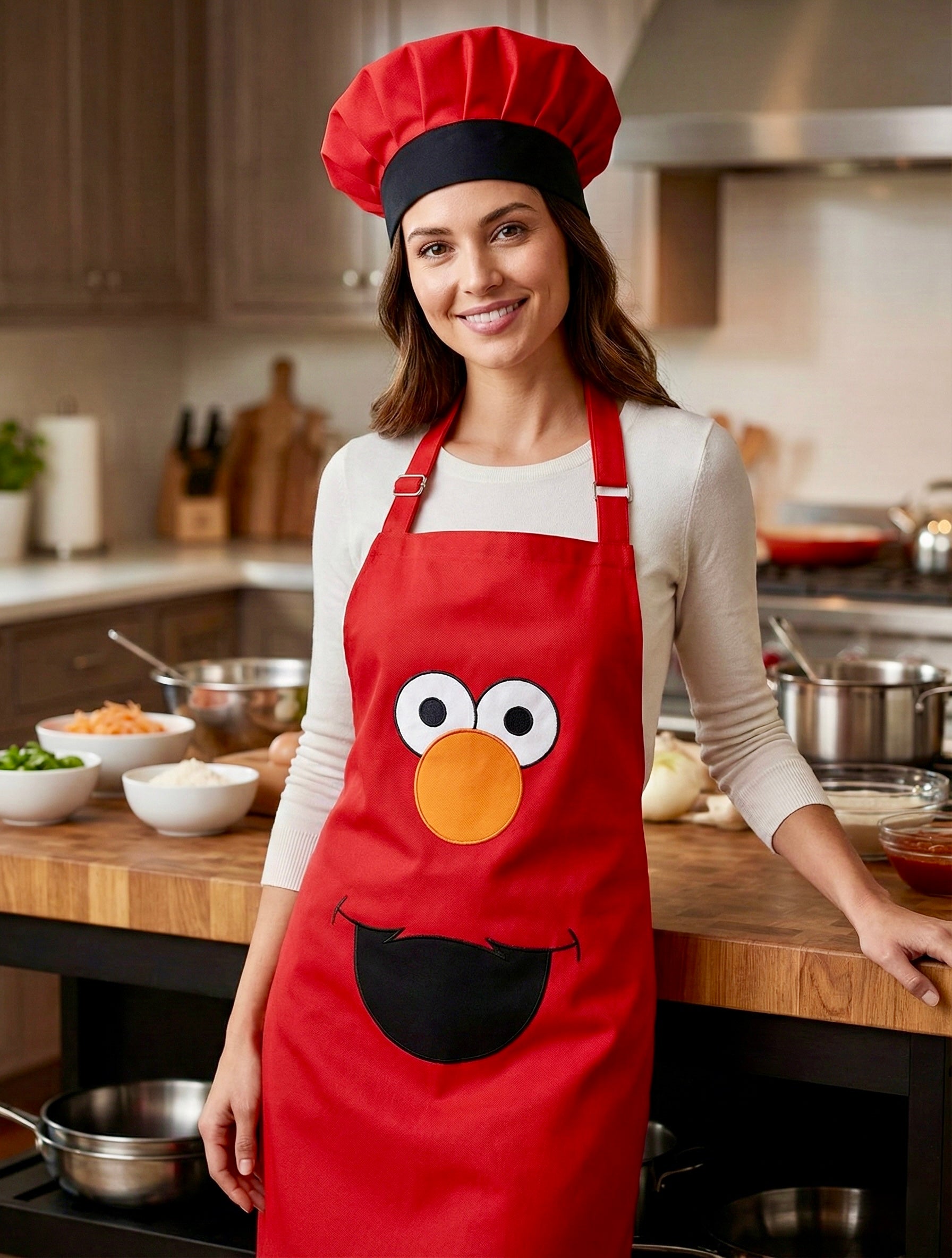 Susam Sokağı Elmo Tasarımlı Aşçı Seti: Ayarlanabilir Askı ve Şapkalı Mutfak Önlüğü Seti