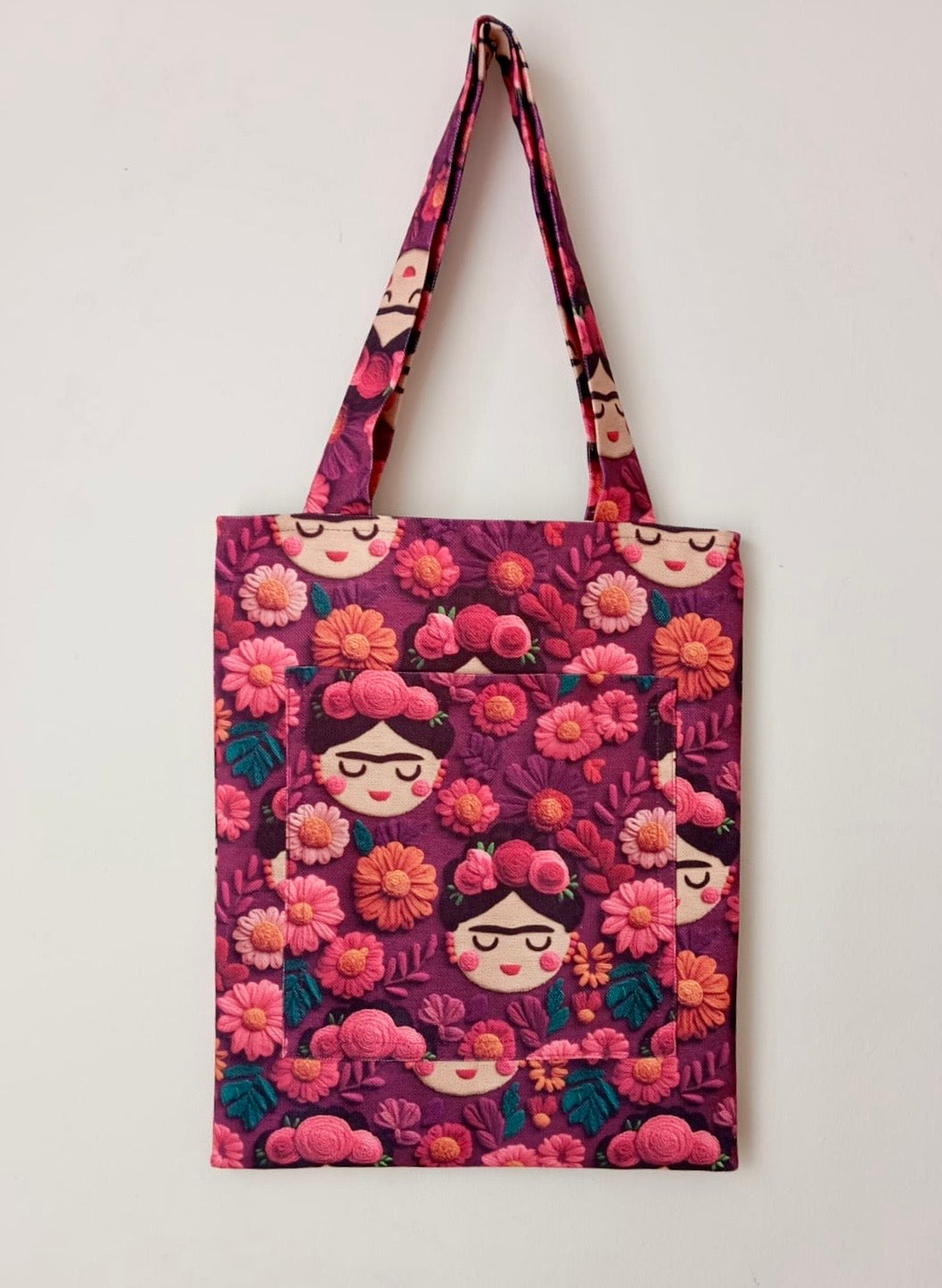Frida Kahlo Desenli Nakışlı Tote Bag - El Yapımı Bohem Bez Çanta - Ön Cepli Omuz Çantası
