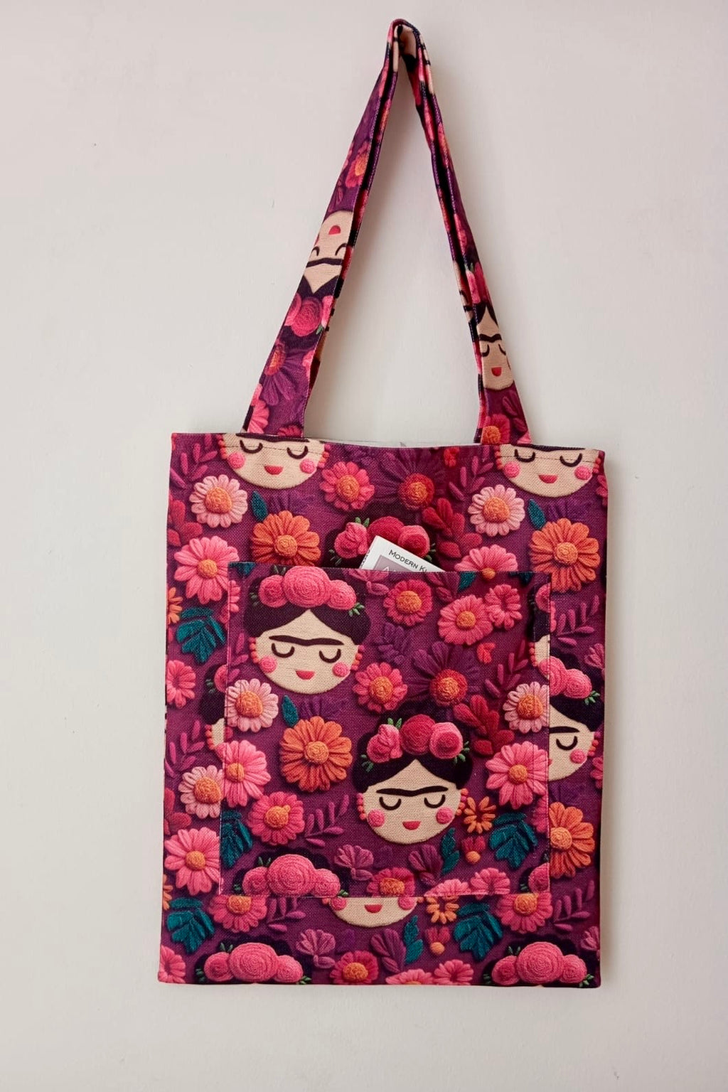 Frida Kahlo Desenli Nakışlı Tote Bag - El Yapımı Bohem Bez Çanta - Ön Cepli Omuz Çantası