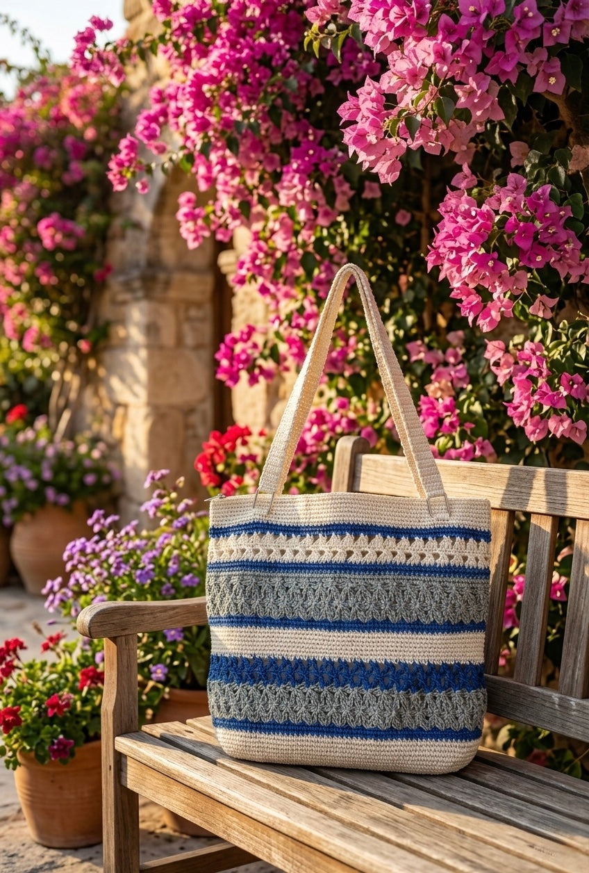 Astarlı ve Fermuarlı El Yapımı Omuz Çantası - Krem Gri Lacivert Kağıt İp Çanta