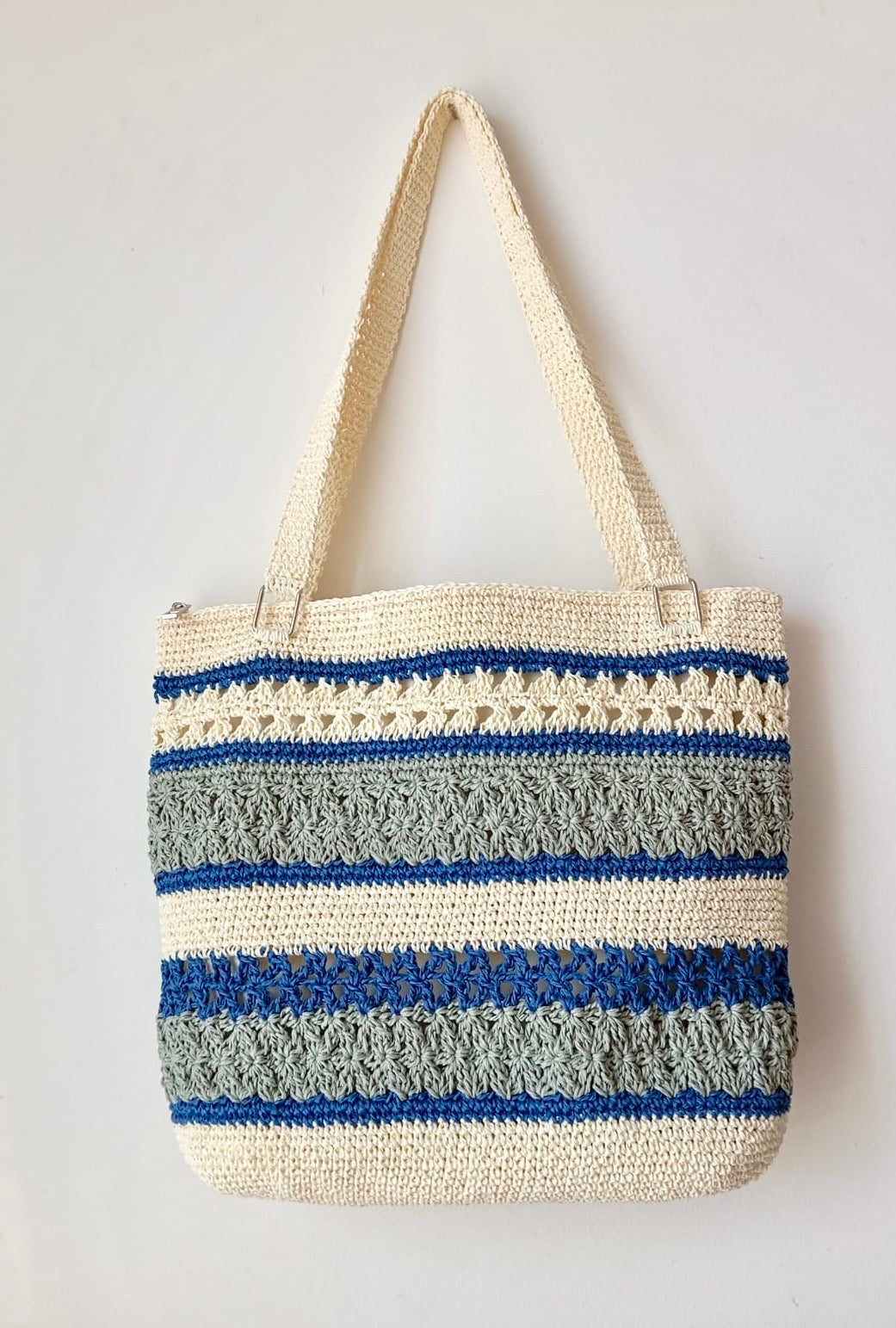 Astarlı ve Fermuarlı El Yapımı Omuz Çantası - Krem Gri Lacivert Kağıt İp Çanta