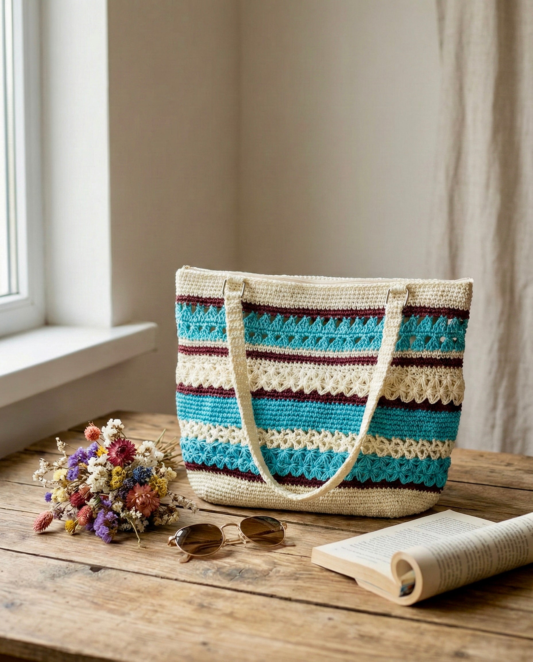 Astarlı ve Fermuarlı El Yapımı Omuz Çantası - Krem Turkuaz Bordo Kağıt İp Çanta