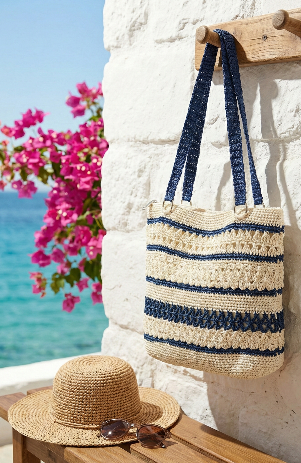 Astarlı ve Fermuarlı El Yapımı Omuz Çantası - Krem Lacivert Çizgili Kağıt İp Çanta