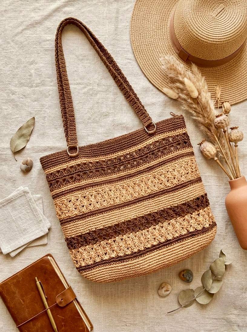 Astarlı ve Fermuarlı El Yapımı Omuz Çantası - Koyu Kahve Krem Kağıt İp Çanta