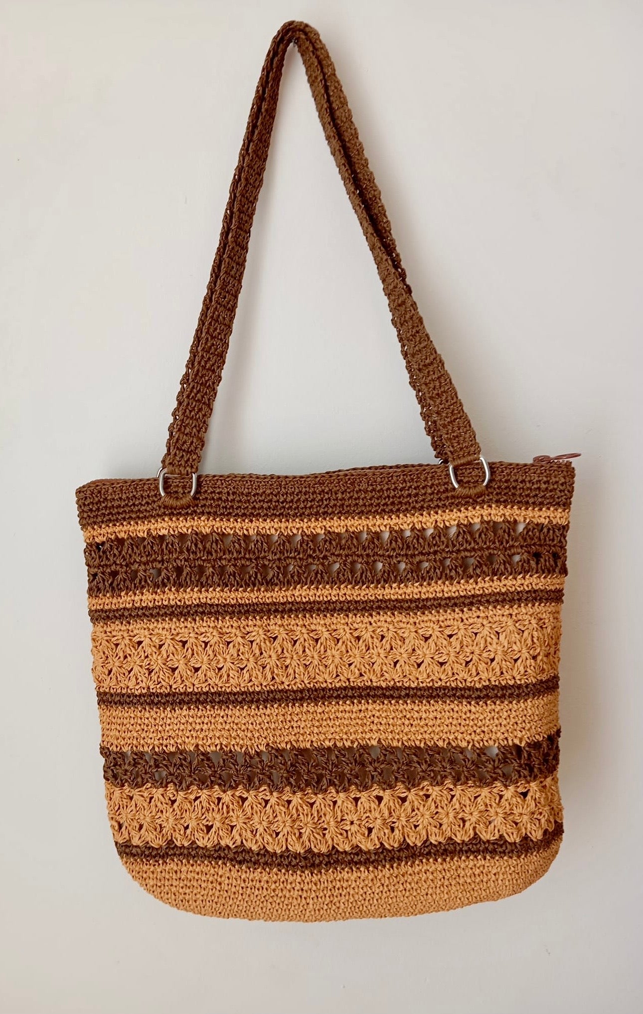 Astarlı ve Fermuarlı El Yapımı Omuz Çantası - Koyu Kahve Krem Kağıt İp Çanta