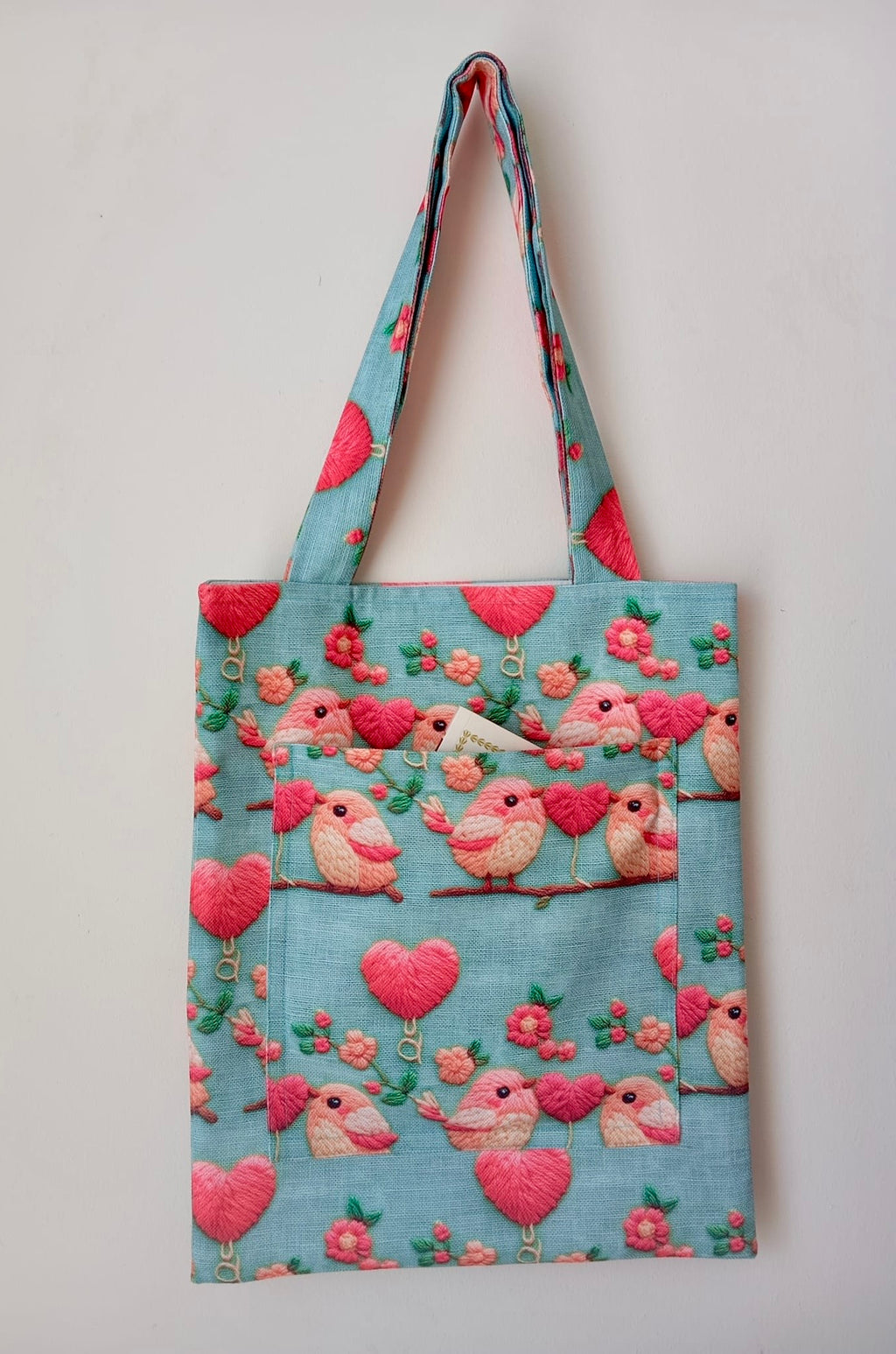 Romantik Kuş ve Kalp Desenli Mavi Bez Çanta | Bahar Esintili Tote Bag