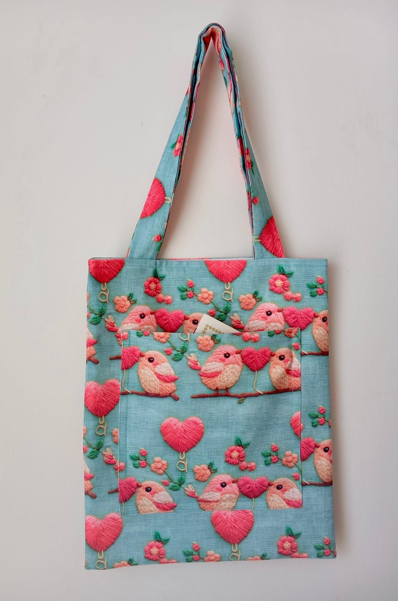 Romantik Kuş ve Kalp Desenli Mavi Bez Çanta | Bahar Esintili Tote Bag