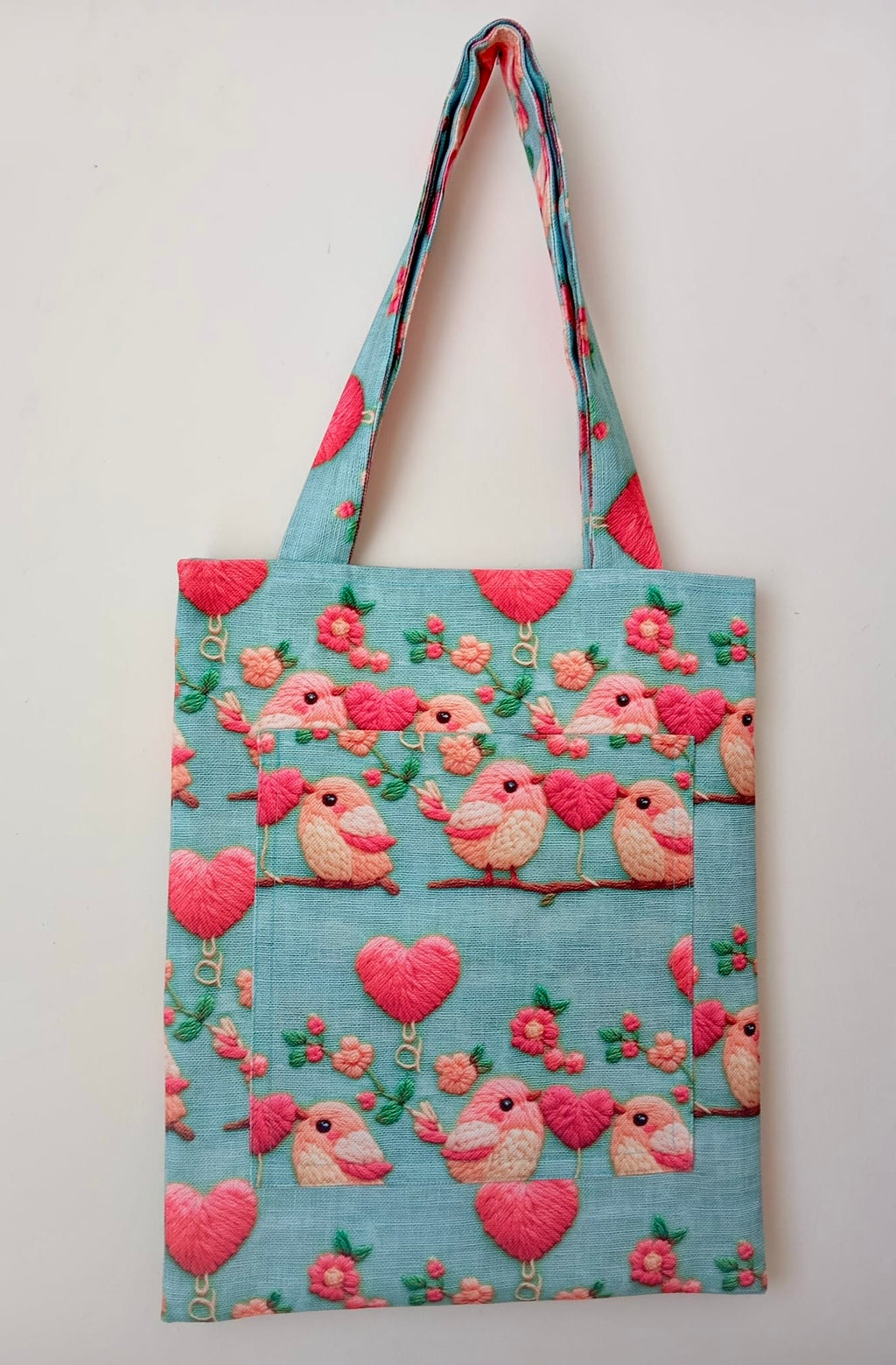 Romantik Kuş ve Kalp Desenli Mavi Bez Çanta | Bahar Esintili Tote Bag