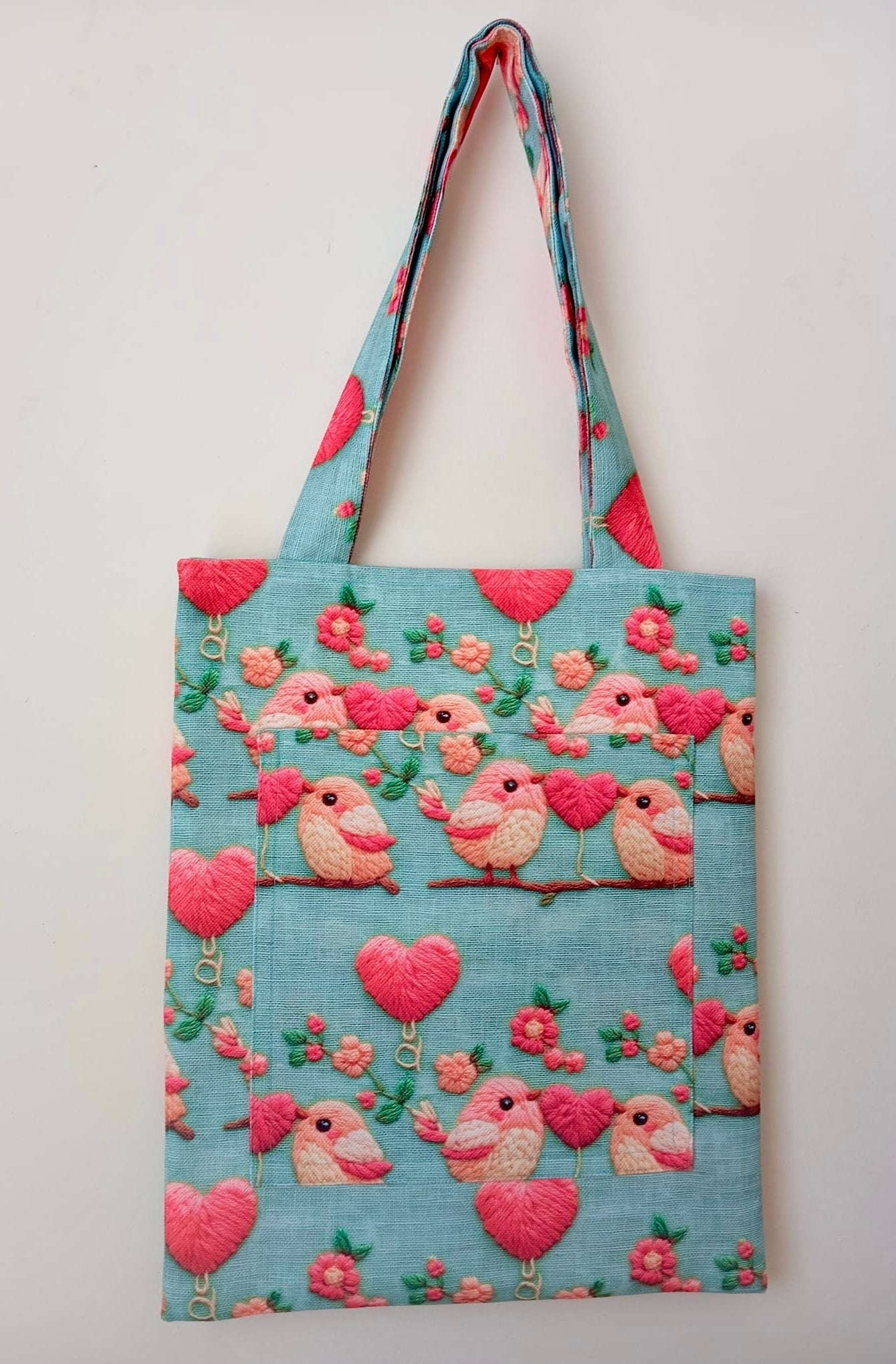 Romantik Kuş ve Kalp Desenli Mavi Bez Çanta | Bahar Esintili Tote Bag