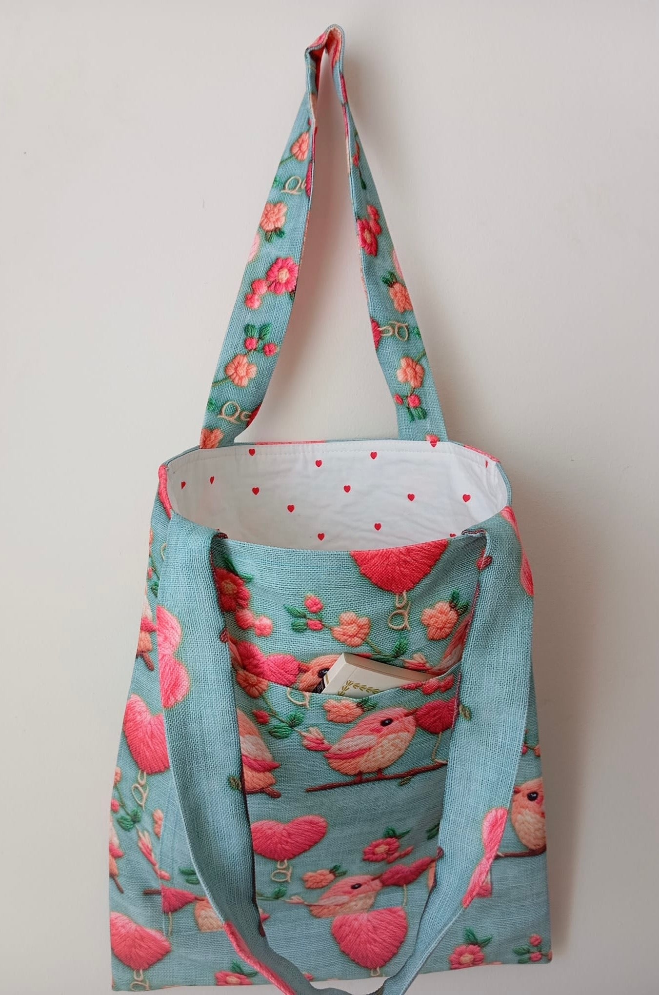 Romantik Kuş ve Kalp Desenli Mavi Bez Çanta | Bahar Esintili Tote Bag