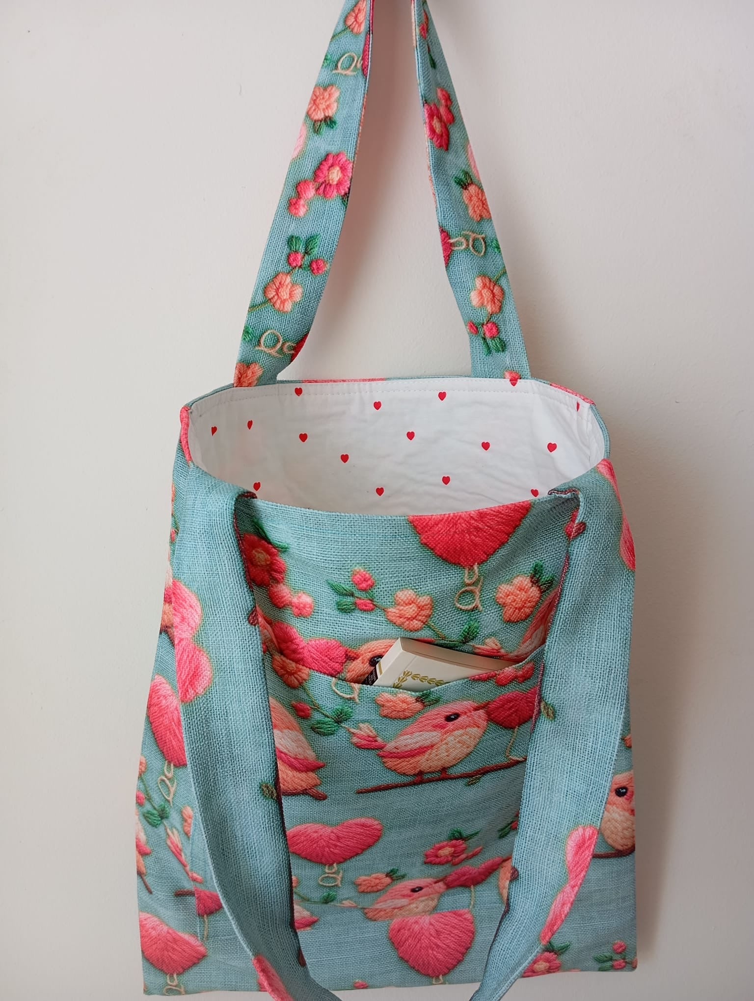 Romantik Kuş ve Kalp Desenli Mavi Bez Çanta | Bahar Esintili Tote Bag
