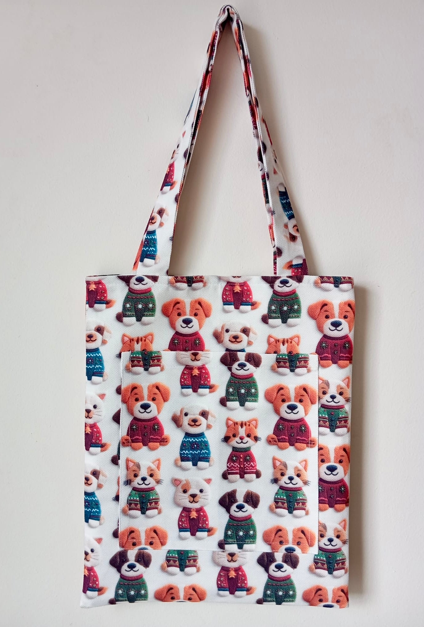 Hayvan Severler İçin Cepli ve Astarlı Omuz Çantası - Kedi & Köpek Desenli