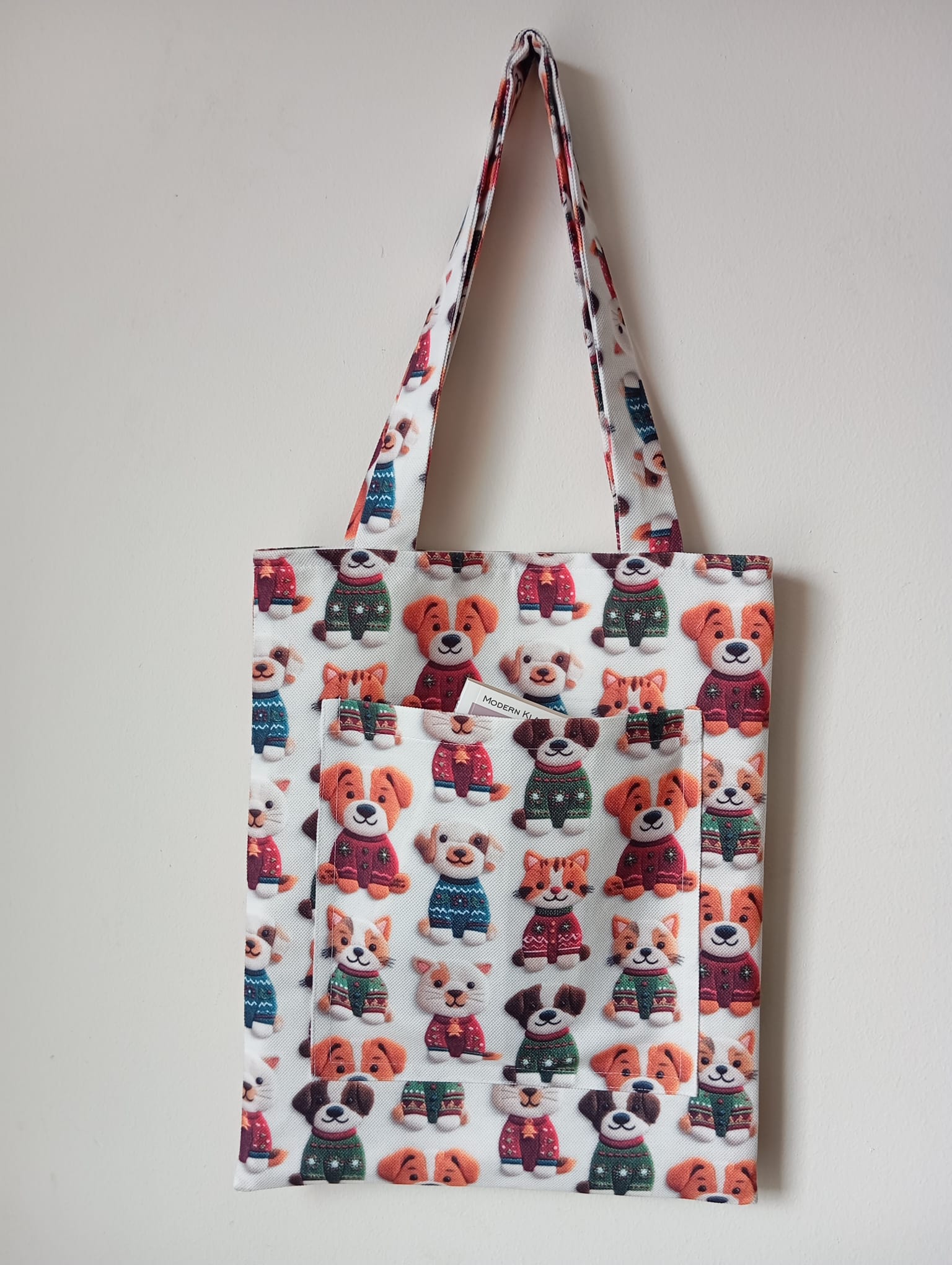 Hayvan Severler İçin Cepli ve Astarlı Omuz Çantası - Kedi & Köpek Desenli