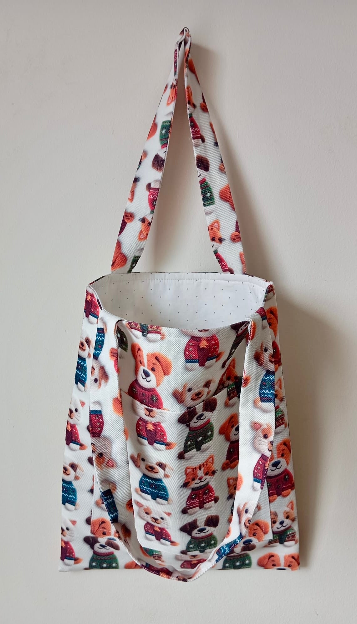 Hayvan Severler İçin Cepli ve Astarlı Omuz Çantası - Kedi & Köpek Desenli