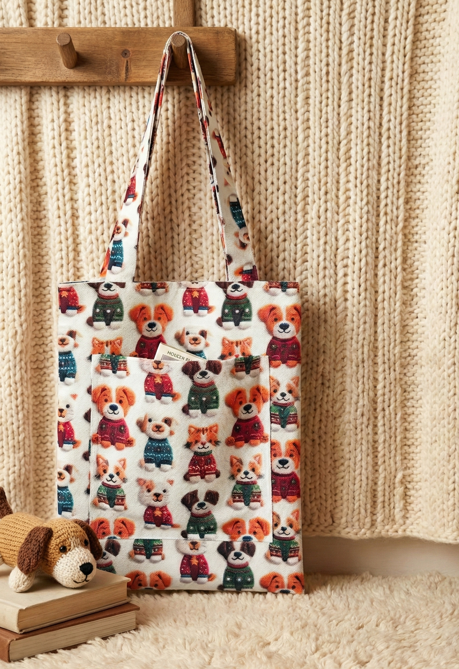 Hayvan Severler İçin Cepli ve Astarlı Omuz Çantası - Kedi & Köpek Desenli