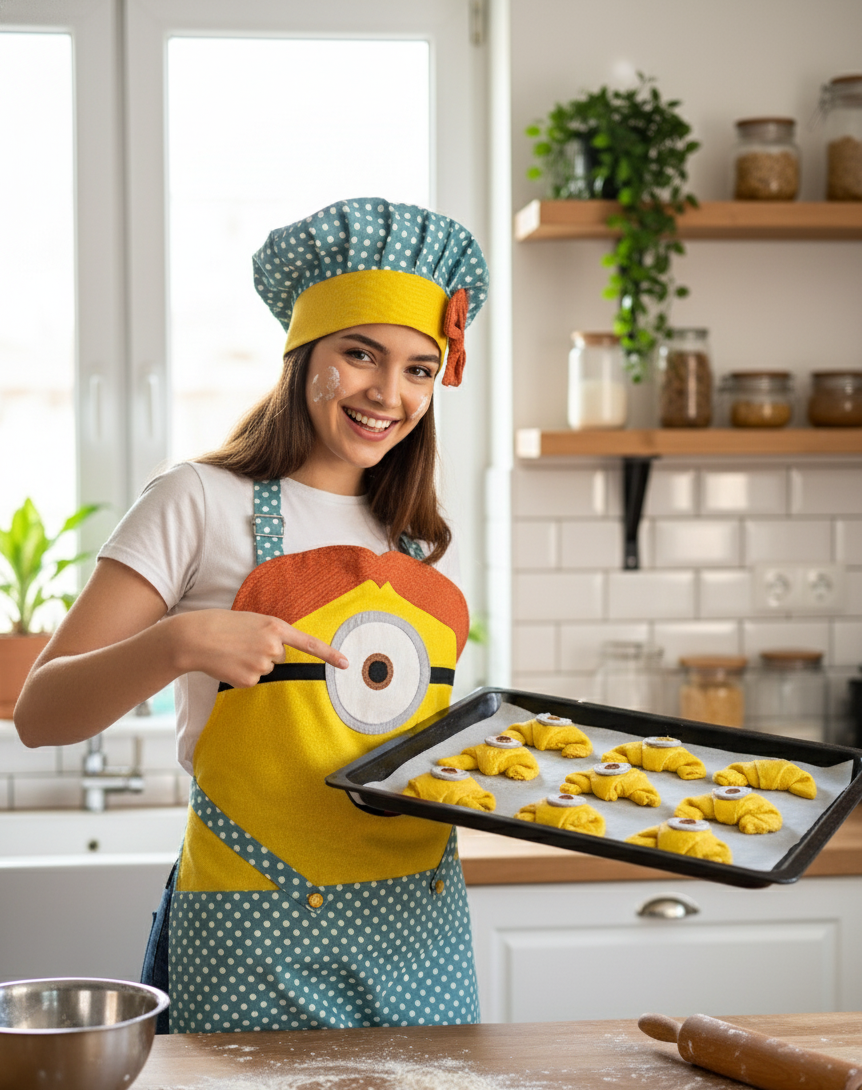 El Yapımı Puantiyeli ve Fiyonklu Sevimli Minion Mutfak Önlüğü Seti