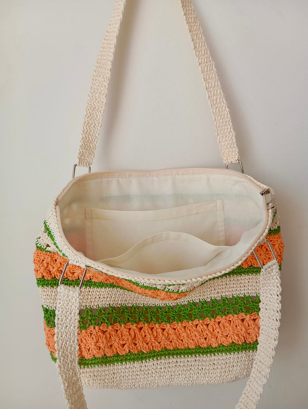Astarlı ve Fermuarlı El Yapımı Omuz Çantası - Krem Yeşil Turuncu Kağıt İp Çanta