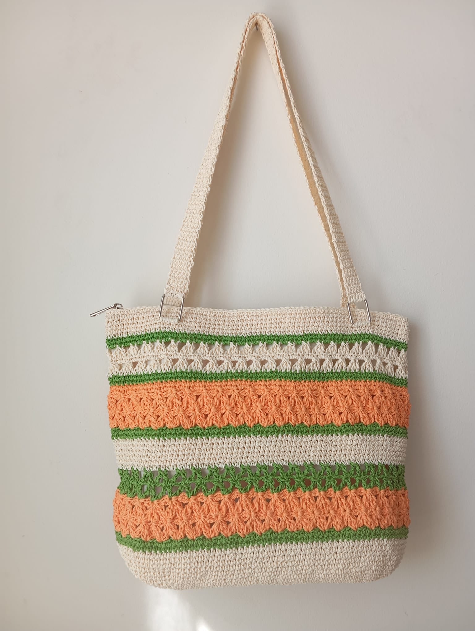 Astarlı ve Fermuarlı El Yapımı Omuz Çantası - Krem Yeşil Turuncu Kağıt İp Çanta