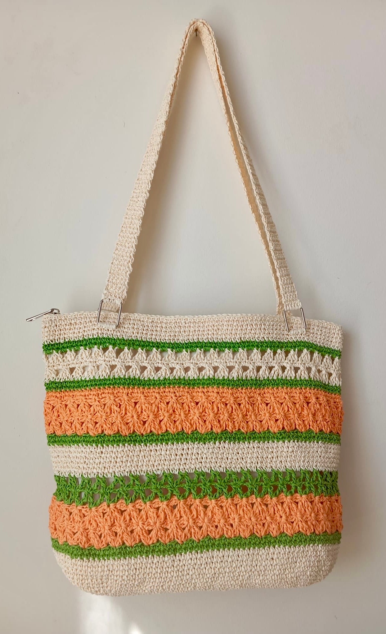 Astarlı ve Fermuarlı El Yapımı Omuz Çantası - Krem Yeşil Turuncu Kağıt İp Çanta