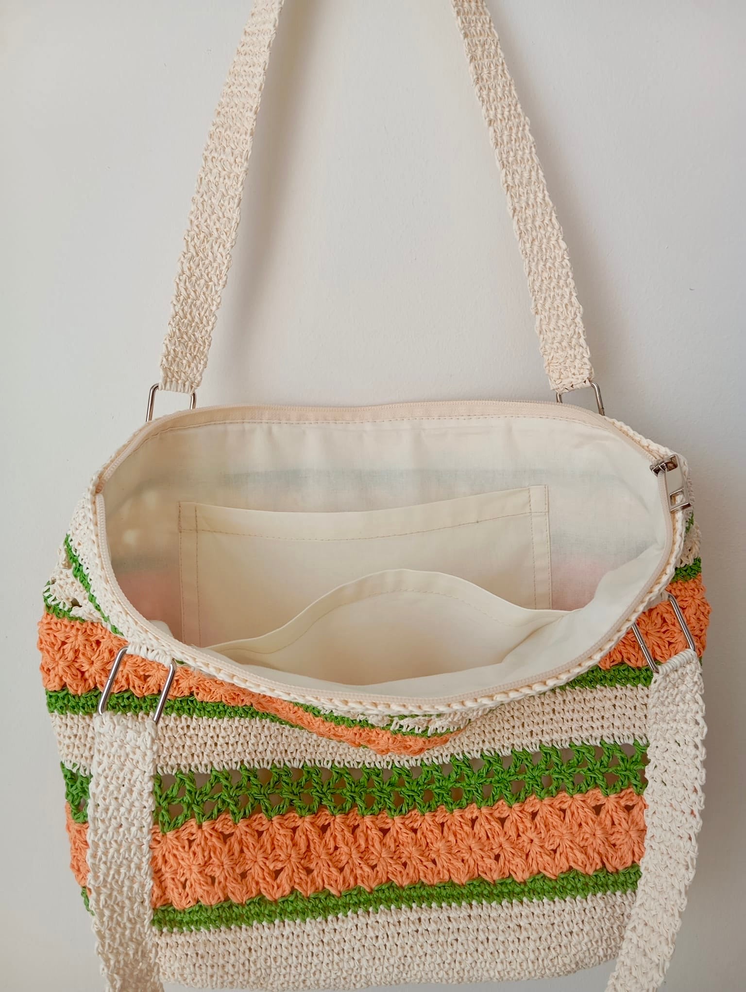 Astarlı ve Fermuarlı El Yapımı Omuz Çantası - Krem Yeşil Turuncu Kağıt İp Çanta