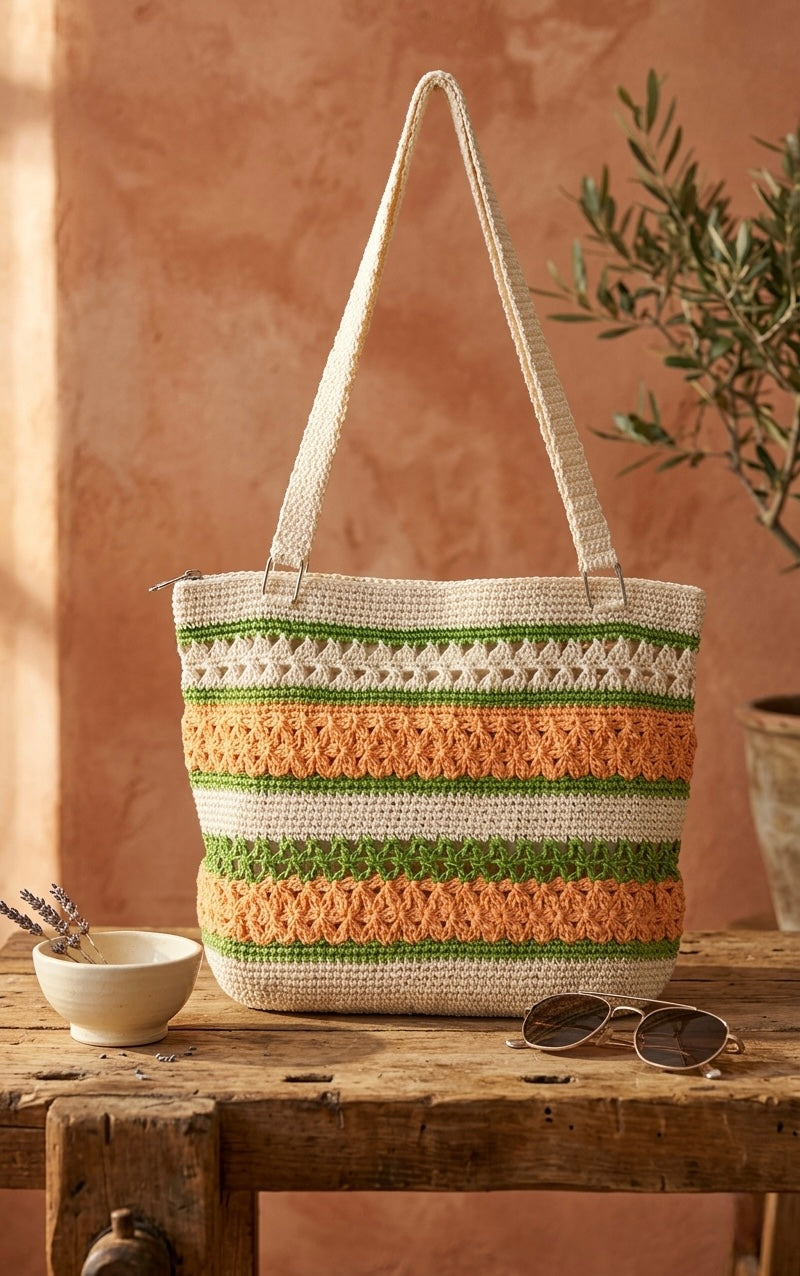 Astarlı ve Fermuarlı El Yapımı Omuz Çantası - Krem Yeşil Turuncu Kağıt İp Çanta