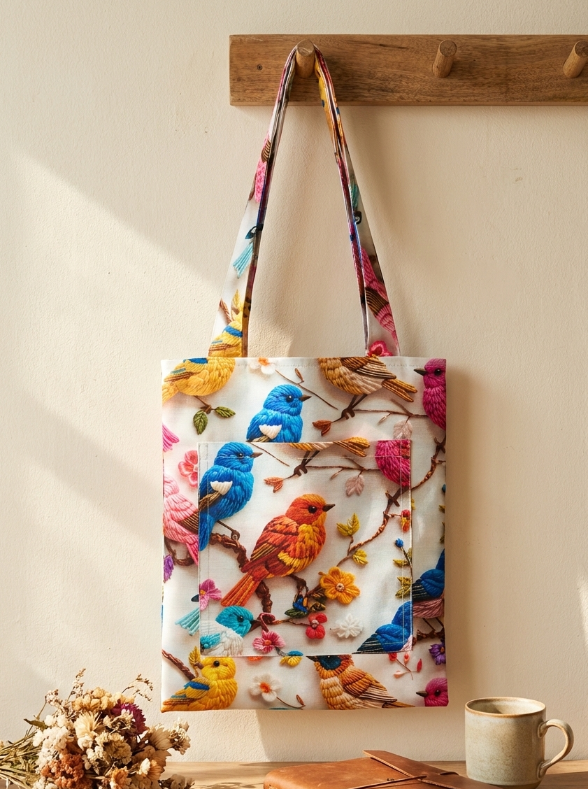 Renkli Kuş Desenli Ön Cepli Tote Bag - Bahar Dalları Temalı Bez Omuz Çantası