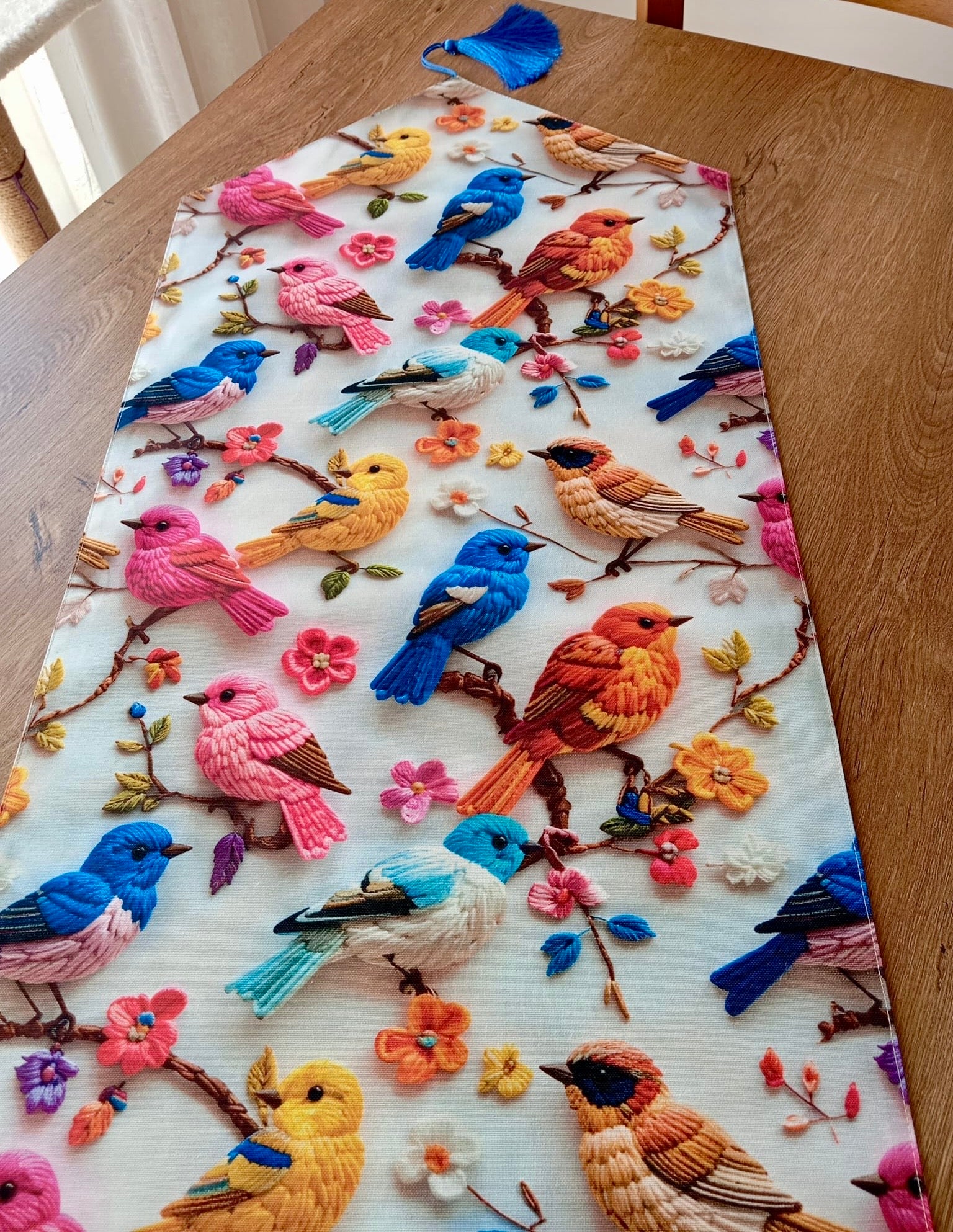 Üç Boyutlu Görünümlü Renkli Kuşlu Mavi Püsküllü Dekoratif Masa Runner