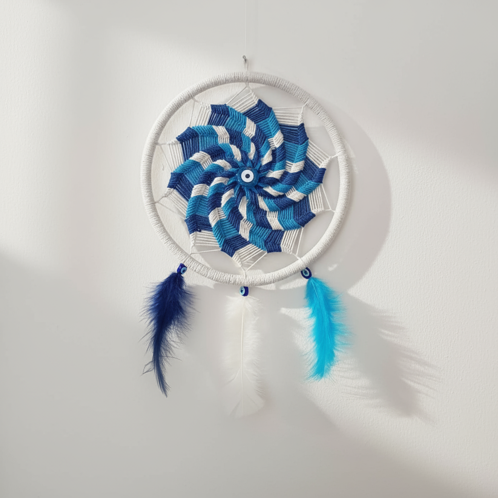 Nazar Boncuklu Mavi Beyaz Mandala Rüya Kapanı - El Yapımı Duvar Süsü