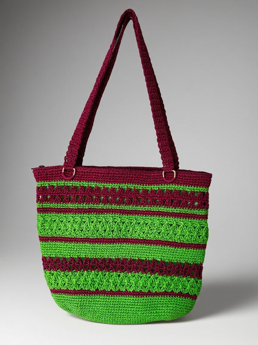 Astarlı ve Fermuarlı El Yapımı Omuz Çantası - Borde Yeşil Çizgili Kağıt İp Çanta