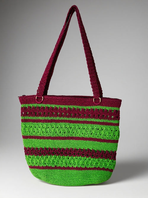 Astarlı ve Fermuarlı El Yapımı Omuz Çantası - Borde Yeşil Çizgili Kağıt İp Çanta