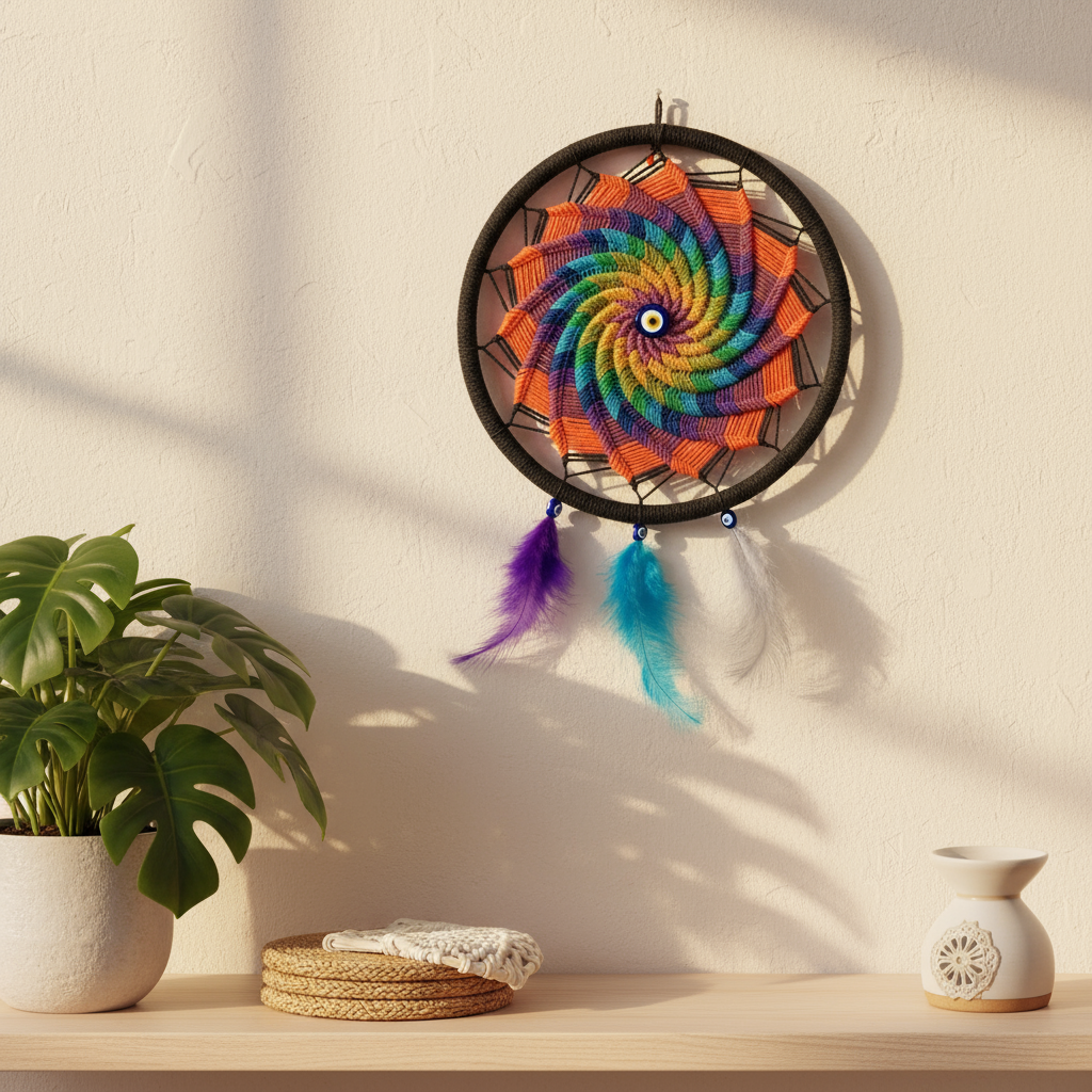 Rengarenk Gökkuşağı Mandala Rüya Kapanı - Nazar Boncuklu Duvar Süsü