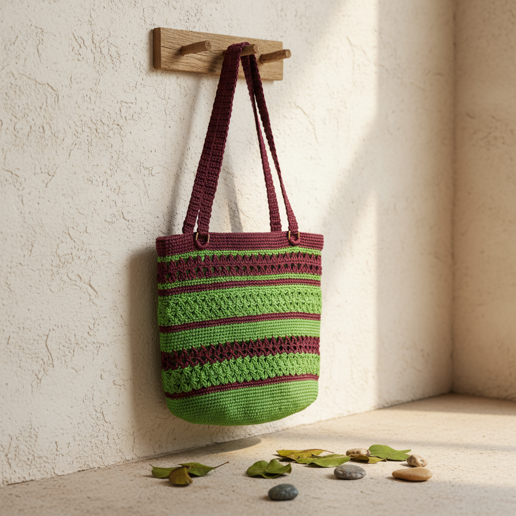 Astarlı ve Fermuarlı El Yapımı Omuz Çantası - Borde Yeşil Çizgili Kağıt İp Çanta