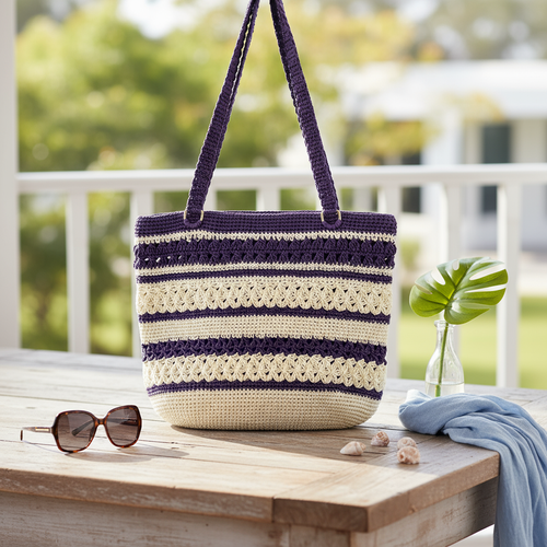 Astarlı ve Fermuarlı El Yapımı Omuz Çantası - Krem Mor Çizgili Kağıt İp Çanta