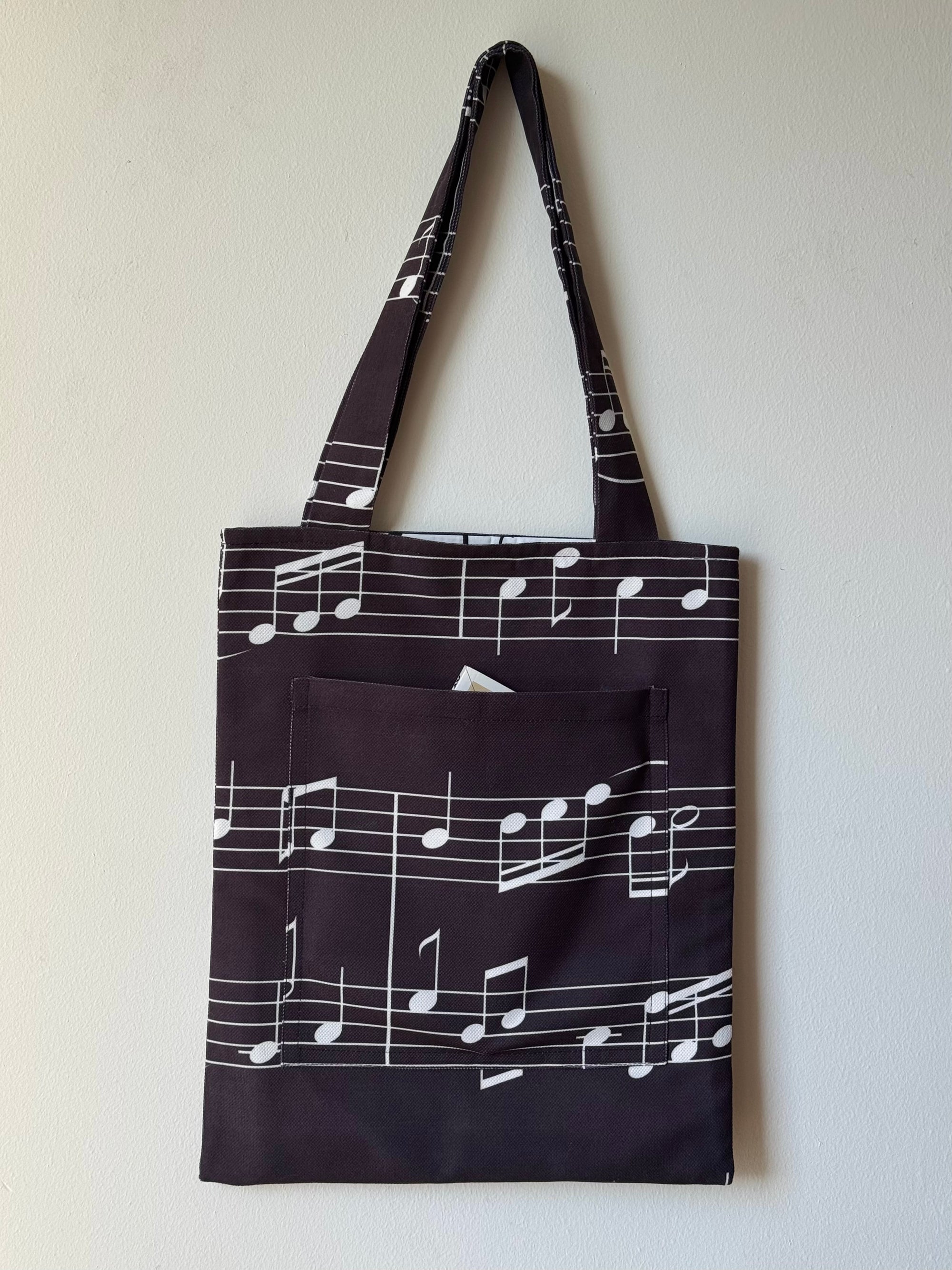 Müzik Notaları Desenli Tote Çanta - Ön Cepli ve Astarlı Omuz Çantası