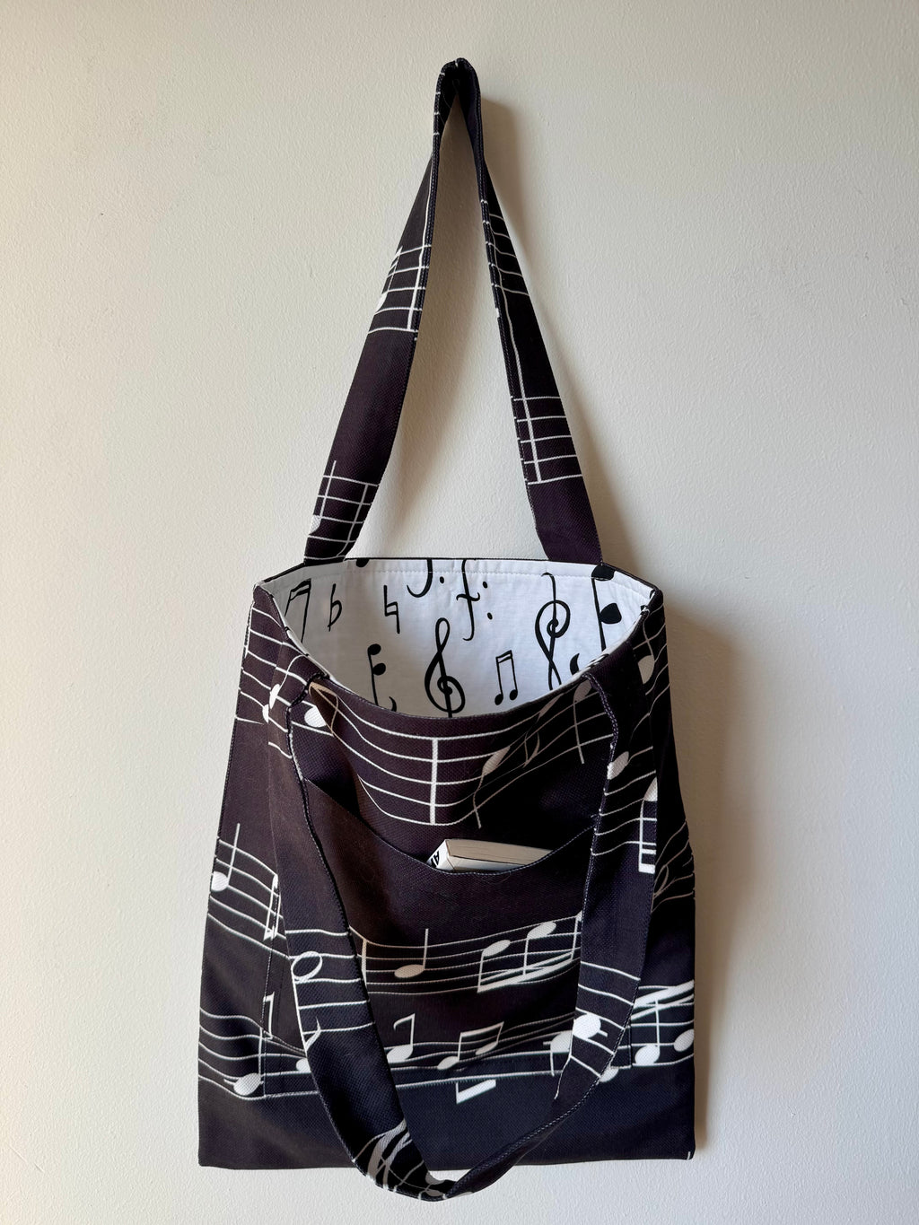 Müzik Notaları Desenli Tote Çanta - Ön Cepli ve Astarlı Omuz Çantası
