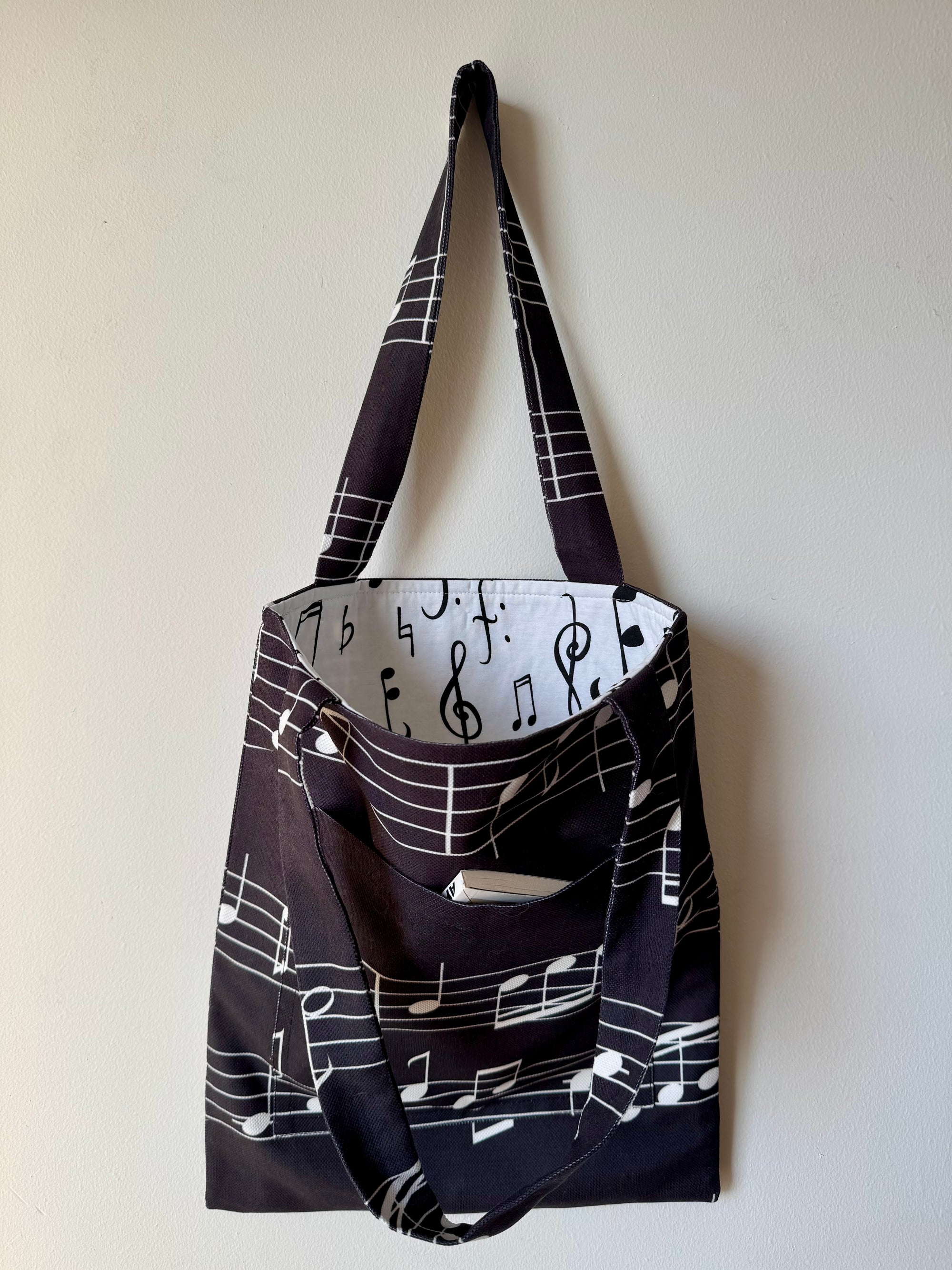 Müzik Notaları Desenli Tote Çanta - Ön Cepli ve Astarlı Omuz Çantası