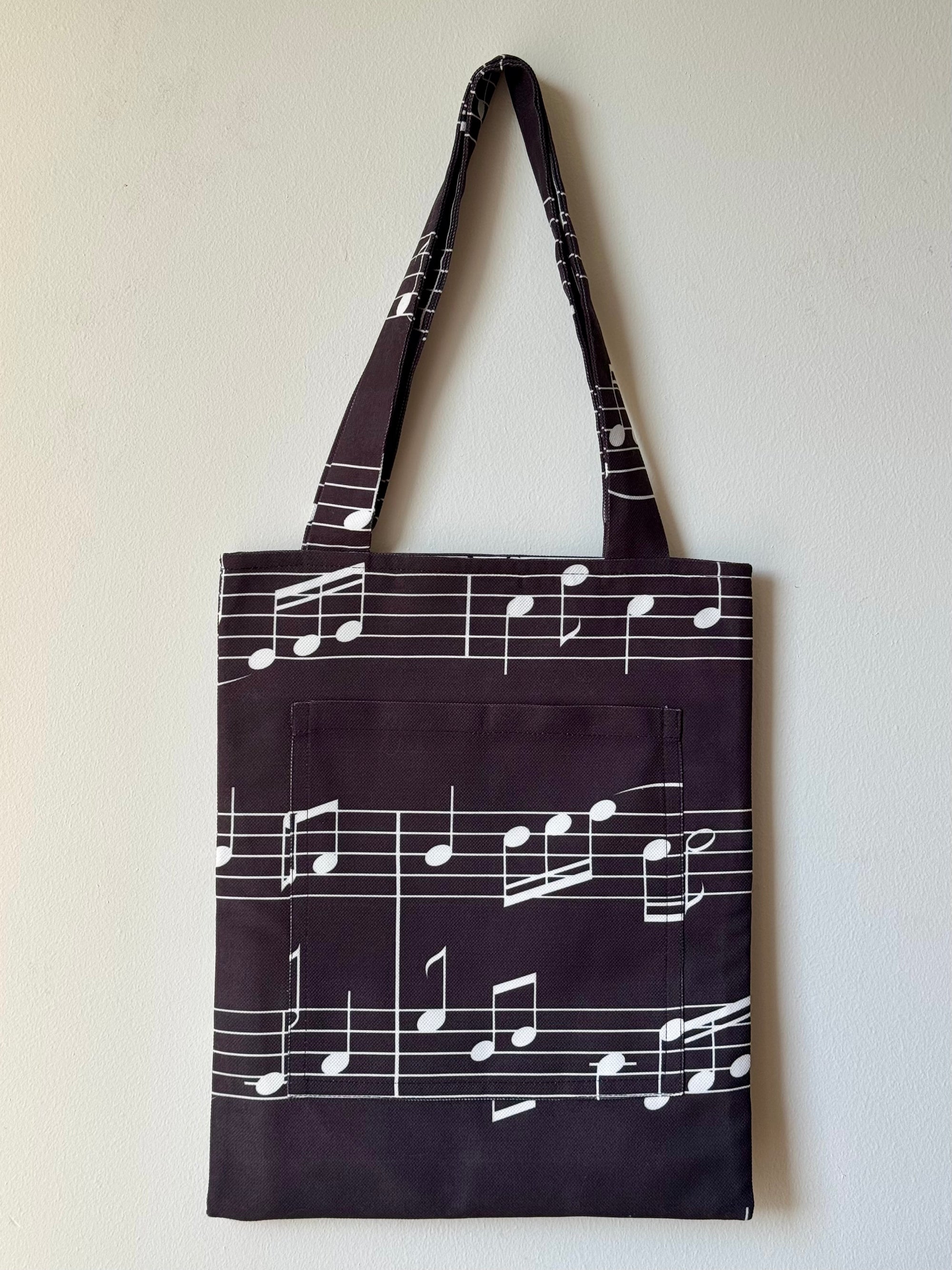 Müzik Notaları Desenli Tote Çanta - Ön Cepli ve Astarlı Omuz Çantası