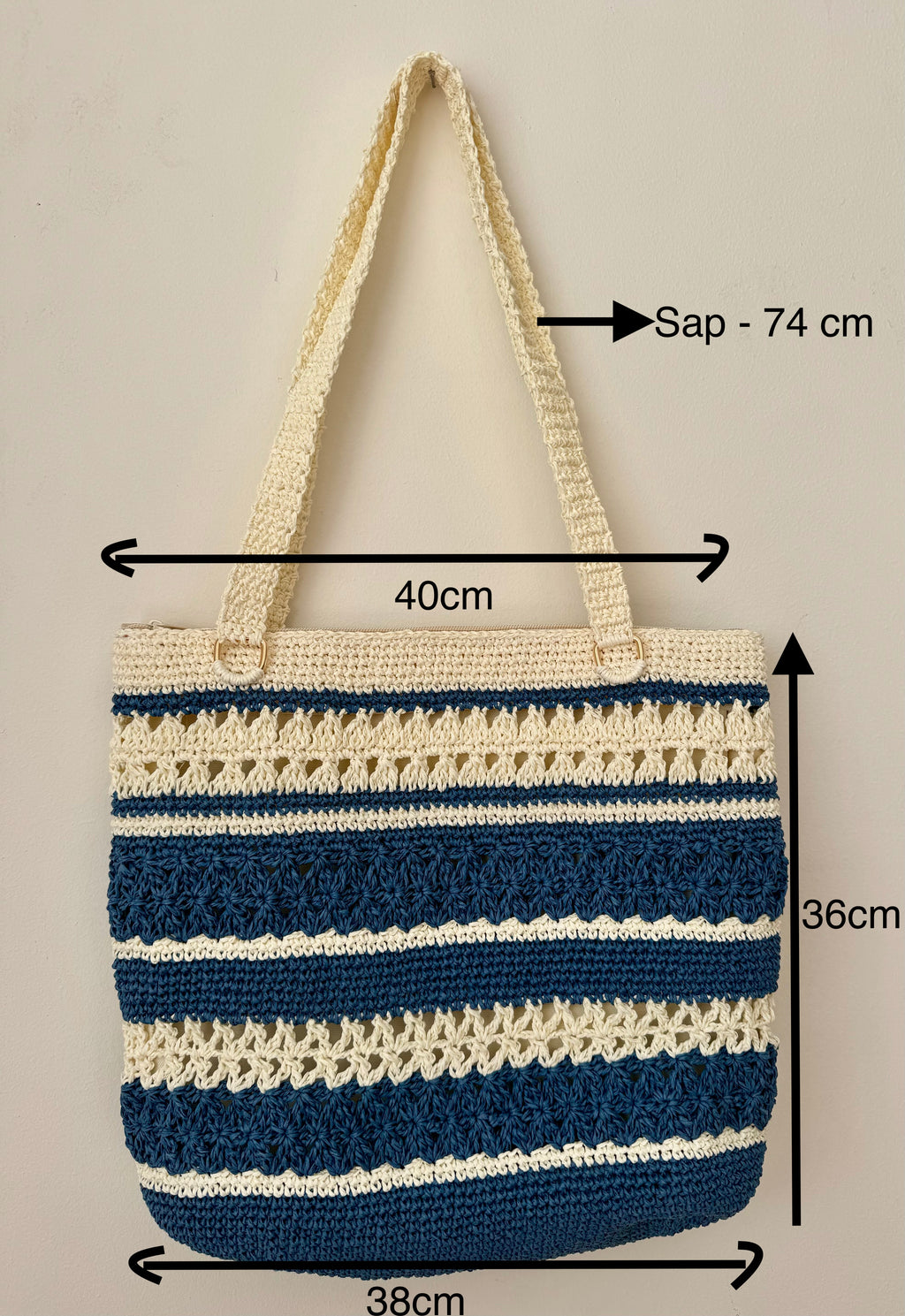 Astarlı ve Fermuarlı El Yapımı Omuz Çantası - Mavi Beyaz Çizgili Kağıt İp Çanta