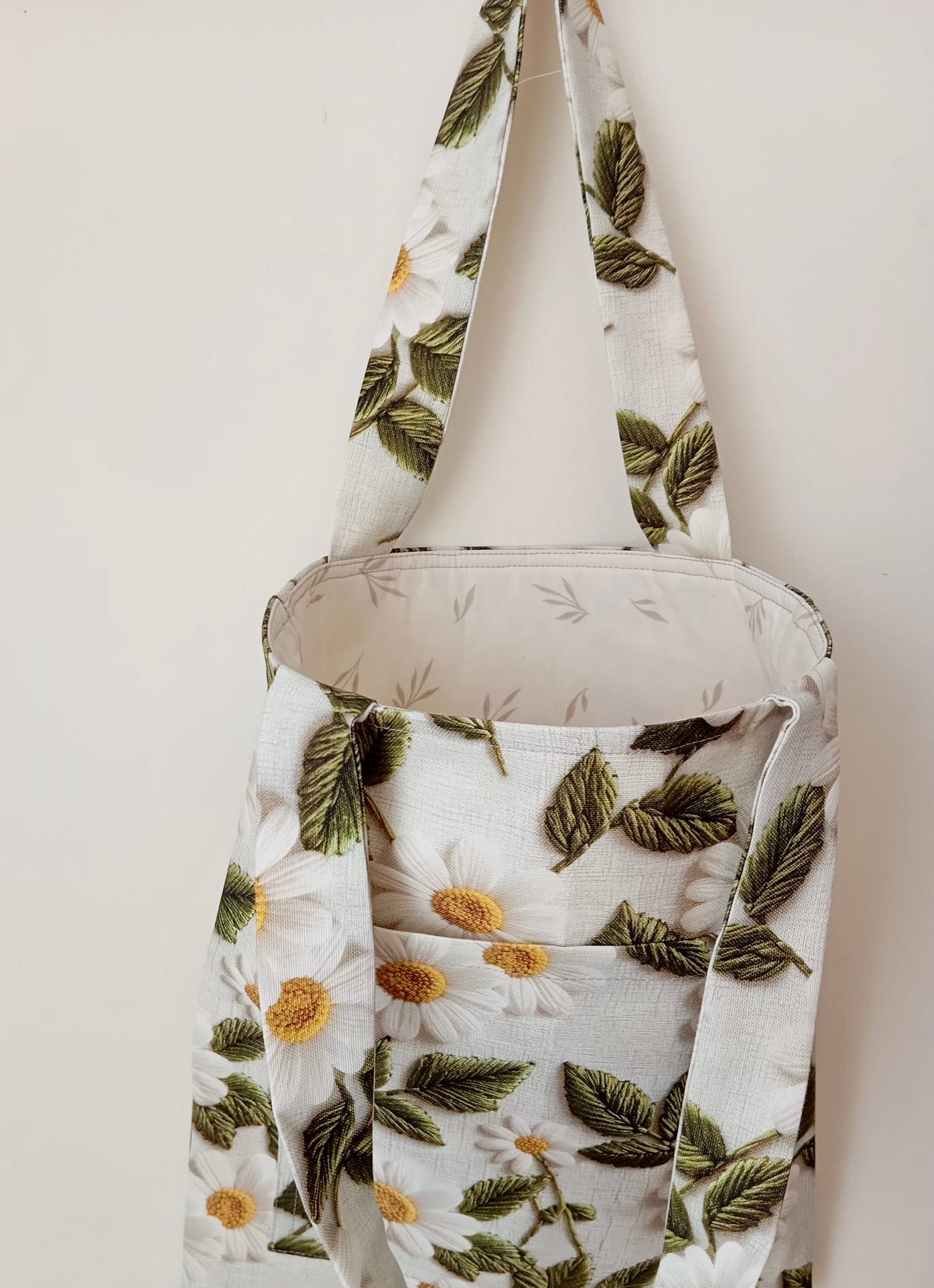 3D Efektli Papatya Desenli Ön Cepli Bez Çanta | Bahar Koleksiyonu Tote Bag