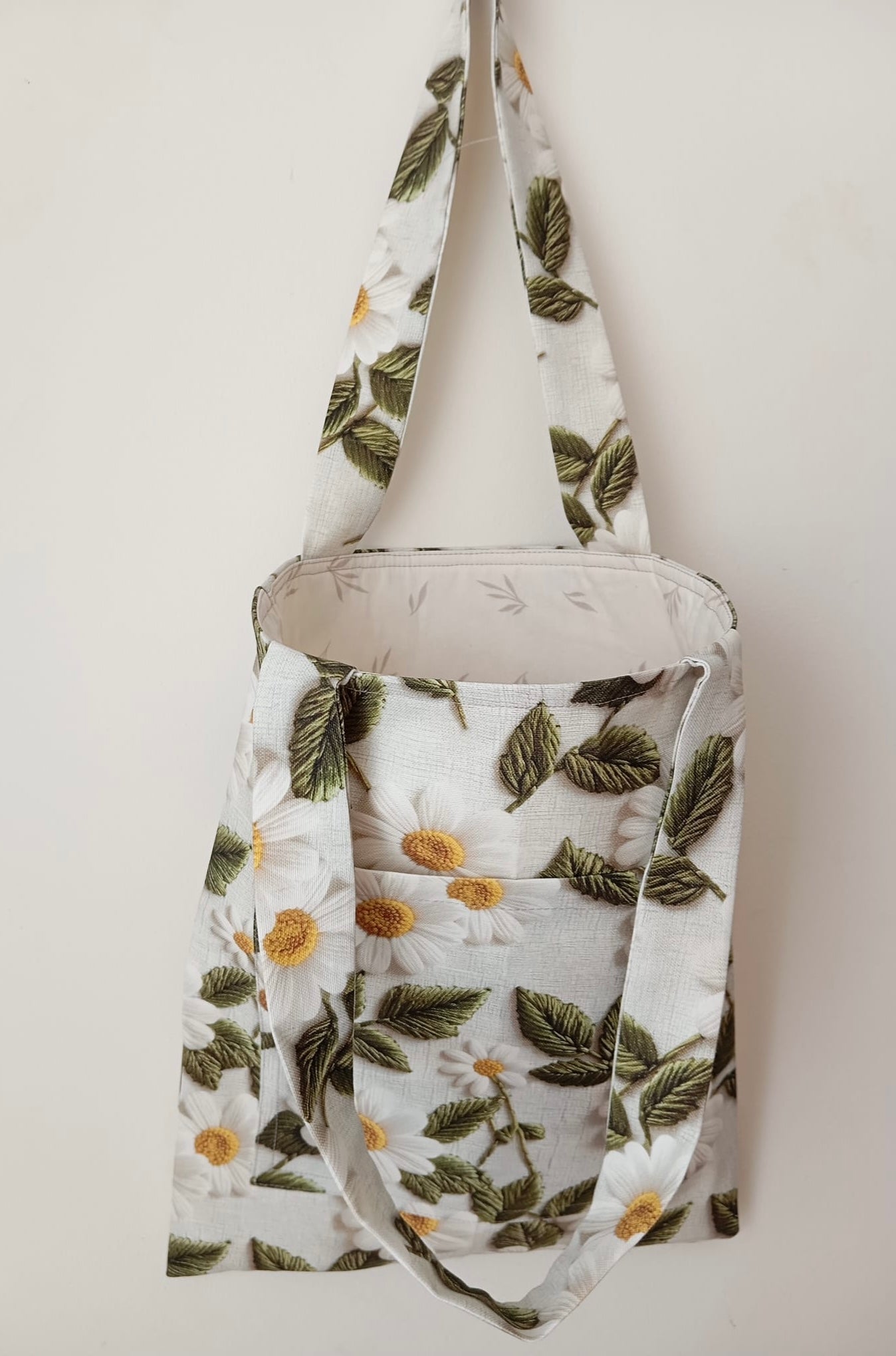 3D Efektli Papatya Desenli Ön Cepli Bez Çanta | Bahar Koleksiyonu Tote Bag