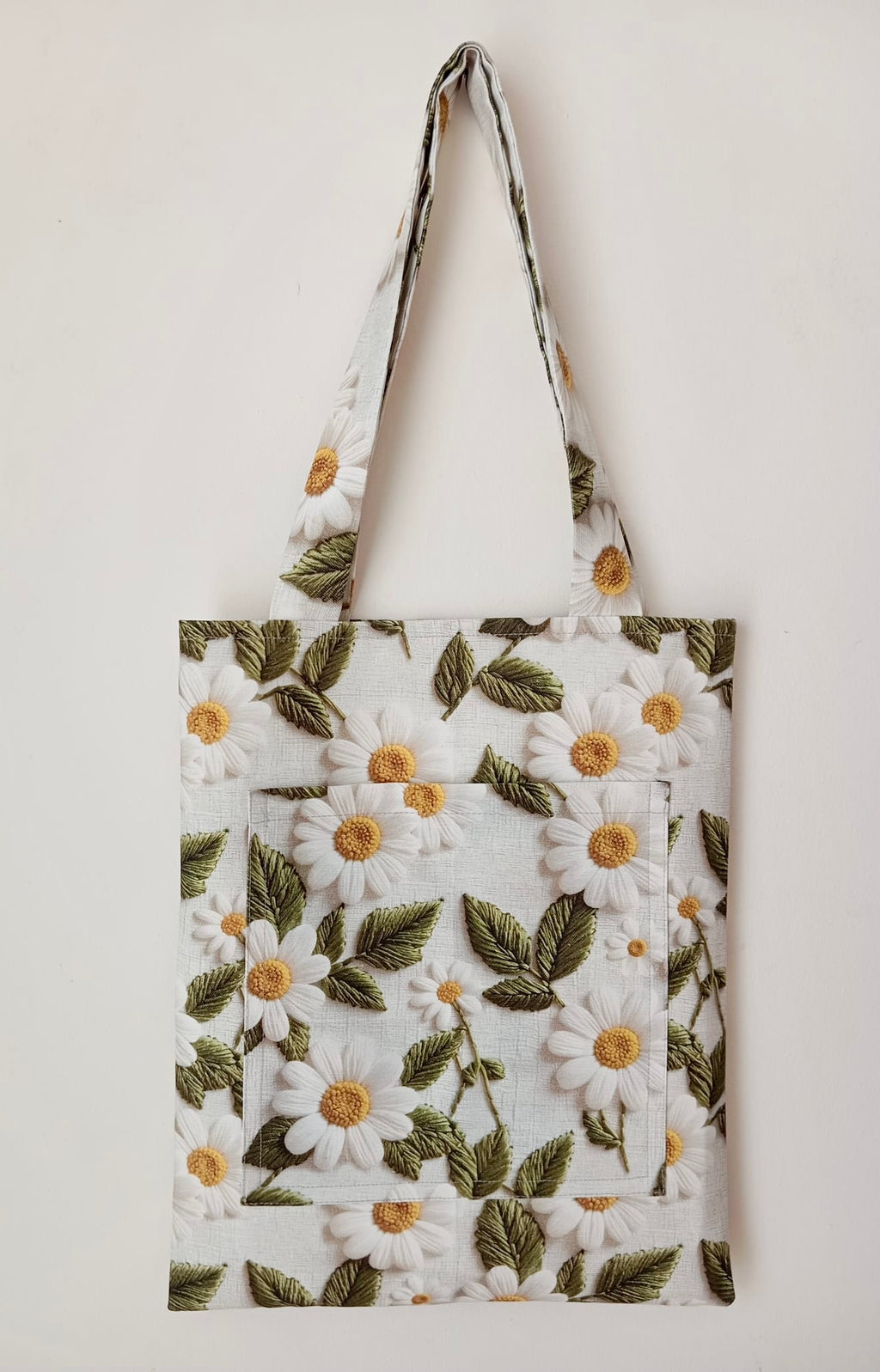 3D Efektli Papatya Desenli Ön Cepli Bez Çanta | Bahar Koleksiyonu Tote Bag