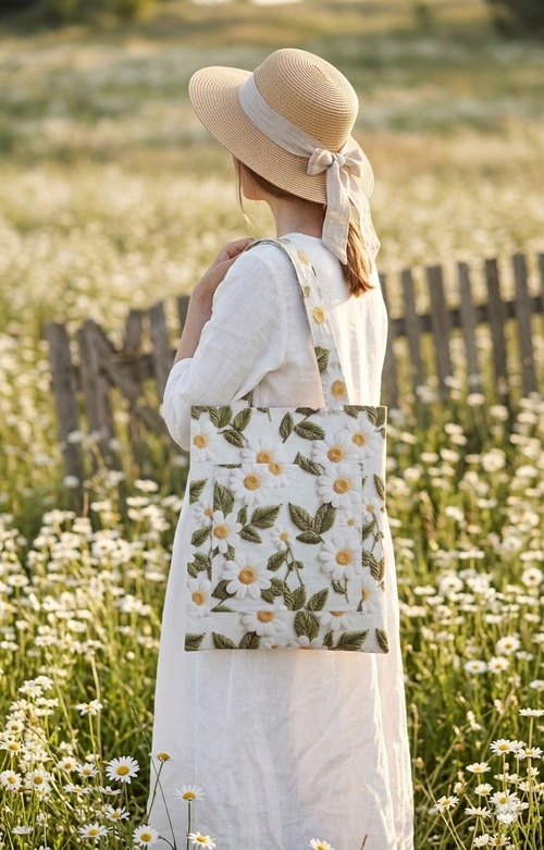 3D Efektli Papatya Desenli Ön Cepli Bez Çanta | Bahar Koleksiyonu Tote Bag