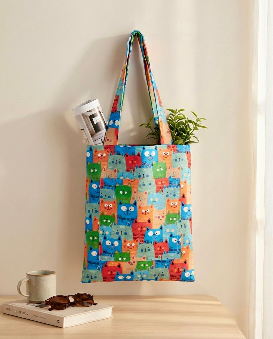 Sevimli Renkli Kediler Desenli Ön Cepli Bez Çanta (Tote Bag)