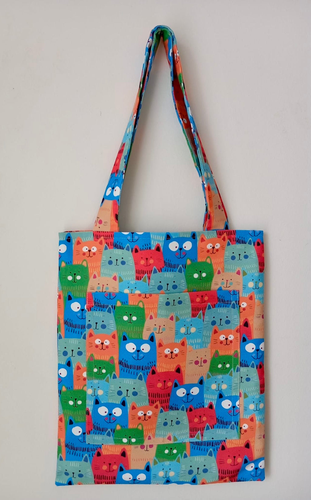 Sevimli Renkli Kediler Desenli Ön Cepli Bez Çanta (Tote Bag)