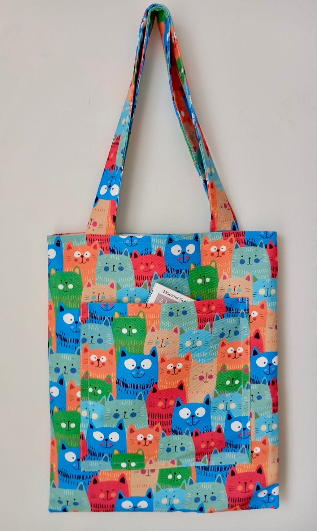 Sevimli Renkli Kediler Desenli Ön Cepli Bez Çanta (Tote Bag)