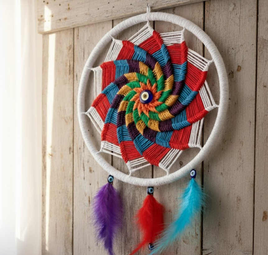 Rengarenk Gökkuşağı Mandala Rüya Kapanı - Nazar Boncuklu Duvar Süsü