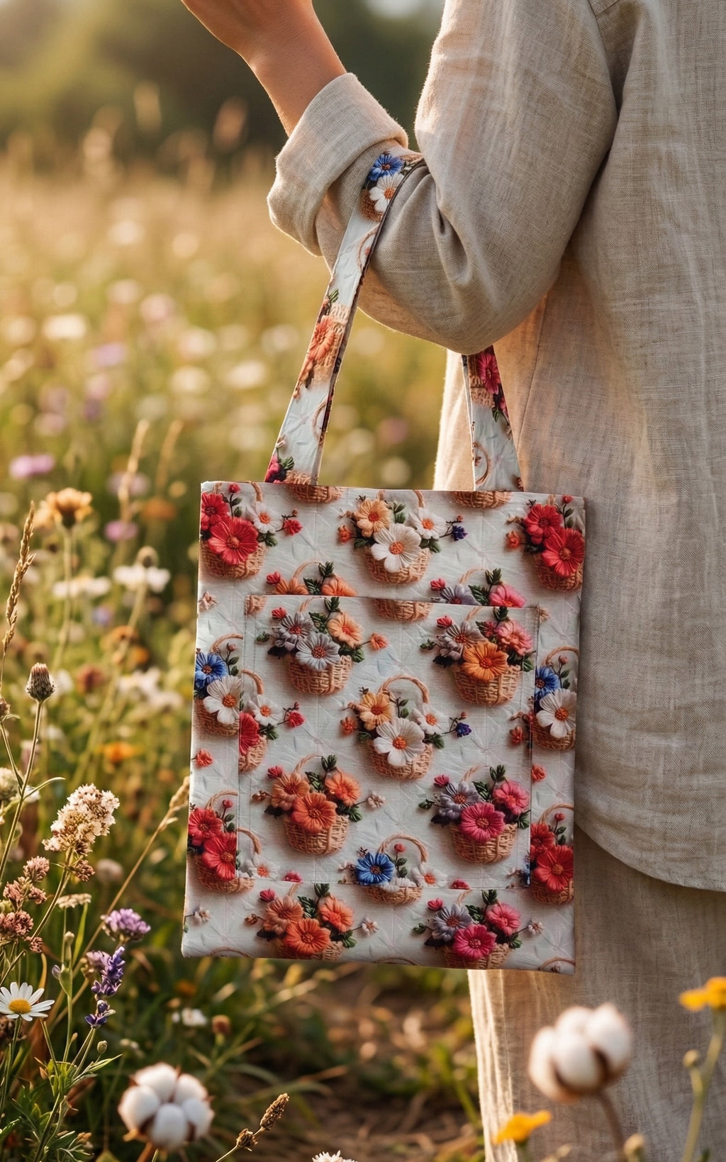 3D Efektli Sepette Çiçekler Ön Cepli Bez Çanta | Bahar Koleksiyonu Tote Bag