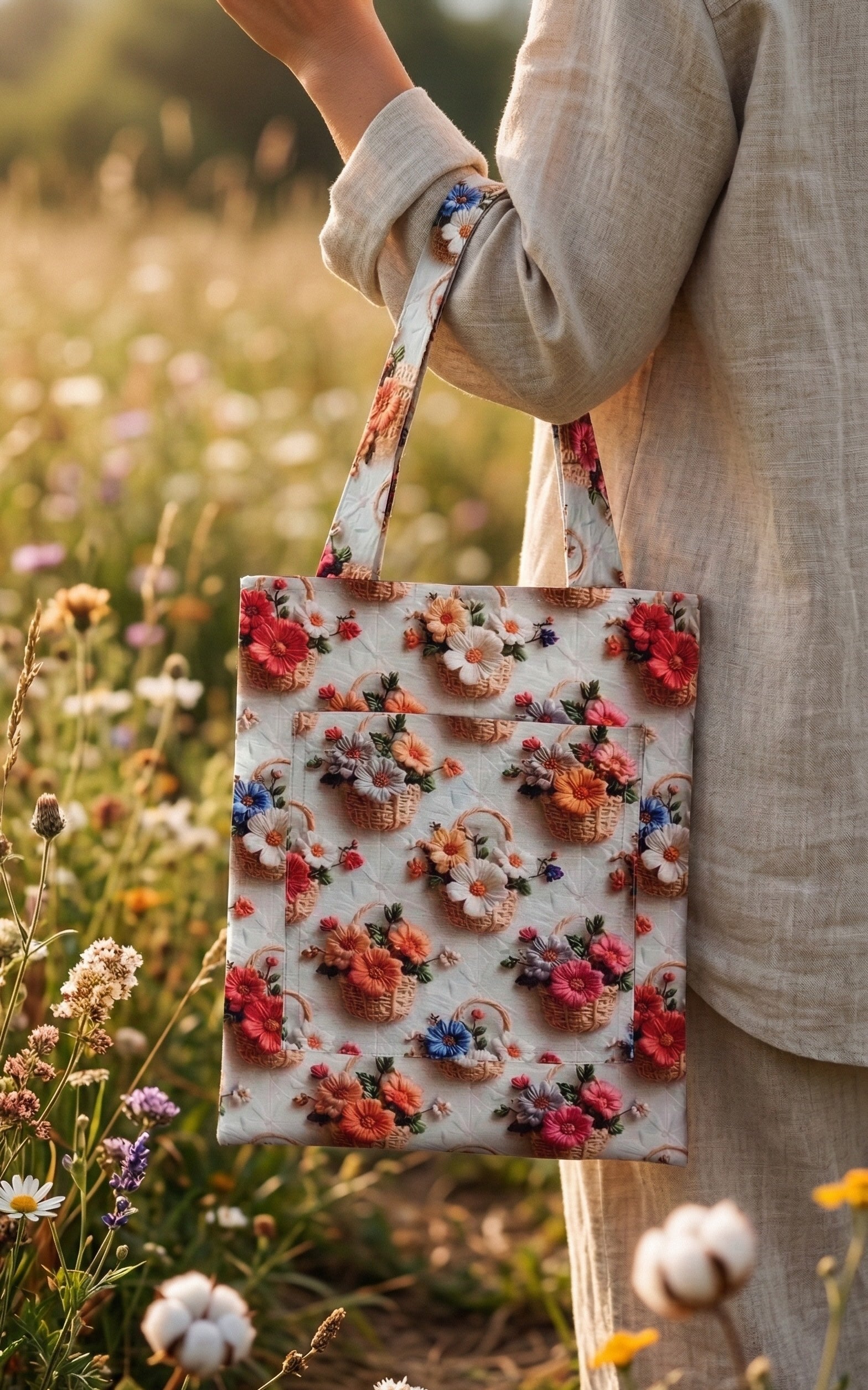 3D Efektli Sepette Çiçekler Ön Cepli Bez Çanta | Bahar Koleksiyonu Tote Bag