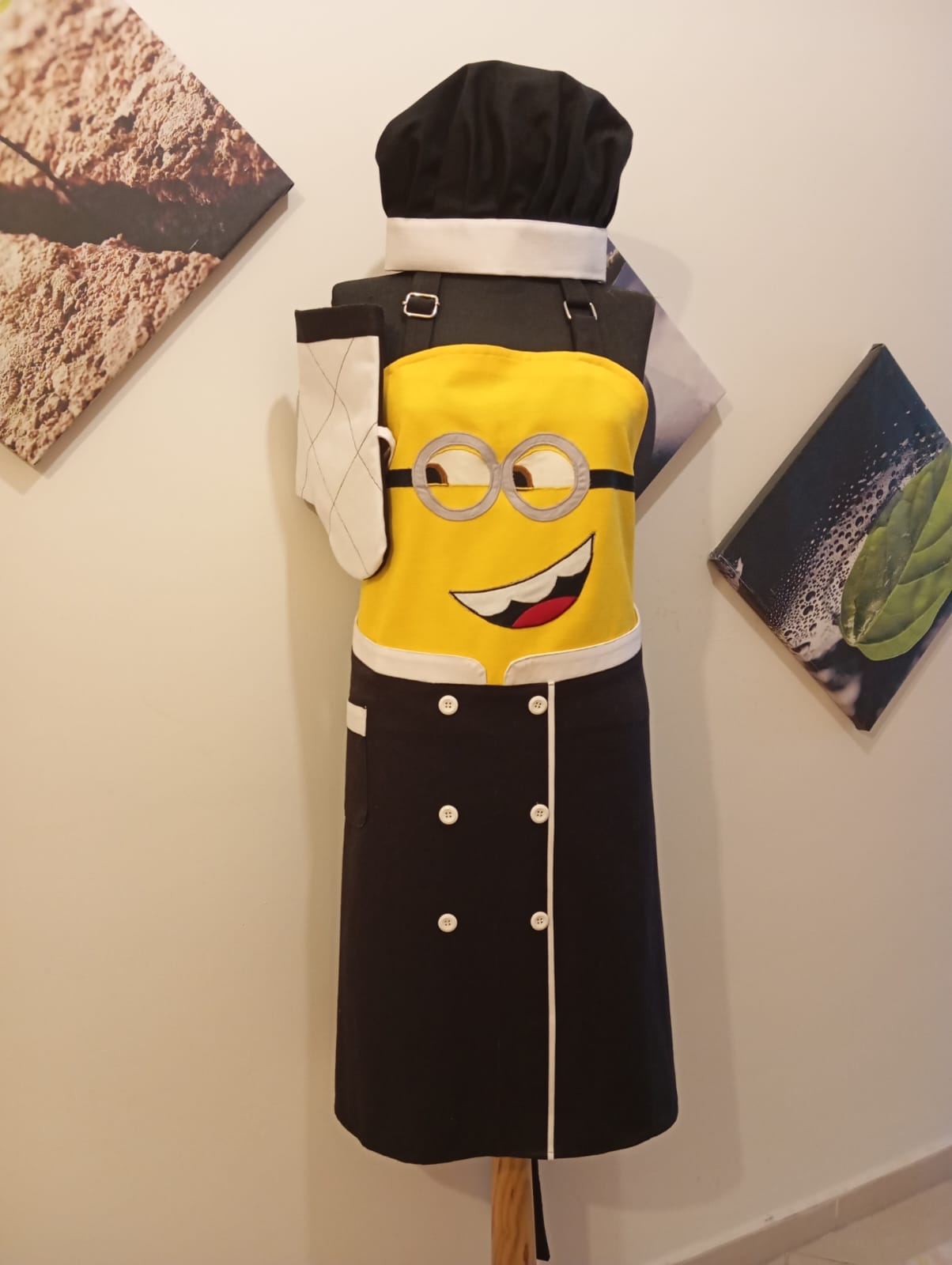 Minyon (Minion) Aşçı Kostümü Mutfak Önlüğü Seti - Siyah